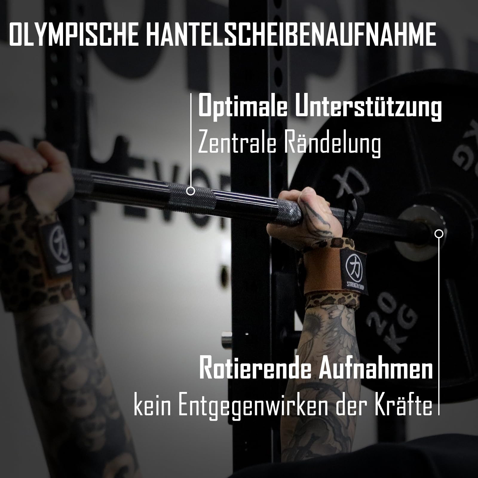 Strength Shop Olympia Langhantel 20kg, 220cm Länge & 29mm ⌀, Stahl Langhantelstange 50mm Scheibenaufnahme mit scharfer Rändelung, perfekt für Kniebeugen, Kreuzheben, & Co.