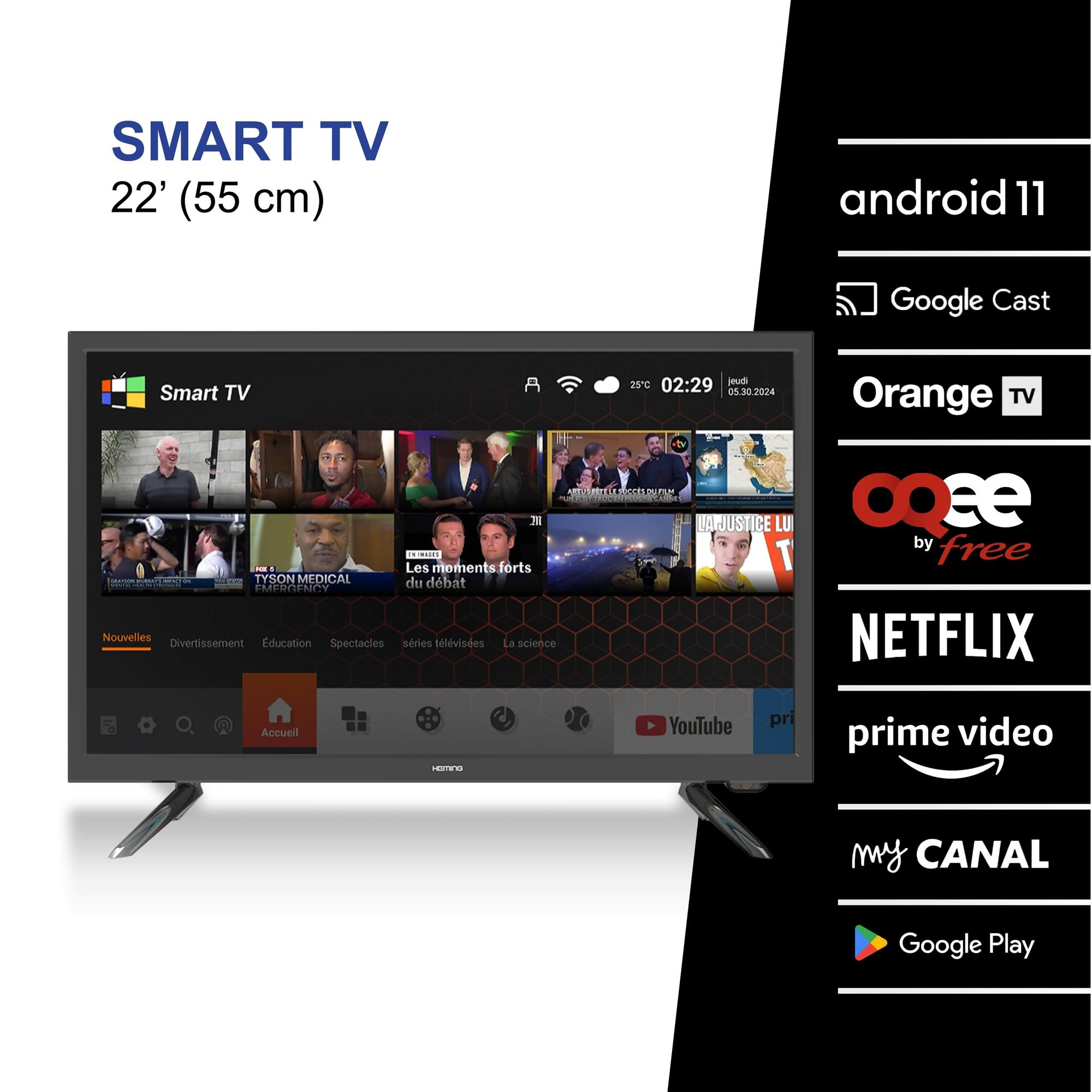Heming Smart TV 22" Android 11 | Full HD, WiFi & Bluetooth | 12V/24V/220V pour Camping-Car, Camion, Bateau, Caravane | Garantie 2 Ans