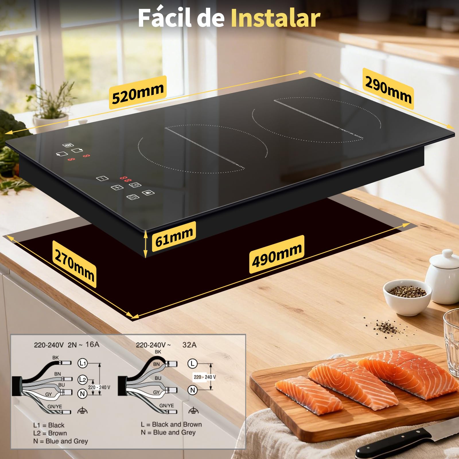 Placa inducción 2 fuegos 3500w, 30cm, Vitroceramica Induccion Empotrable de Función Boost, con 9 niveles de potencia, Temporizador, Bloqueo de Seguridad, Encimera Induccion 220V~240V — view 6