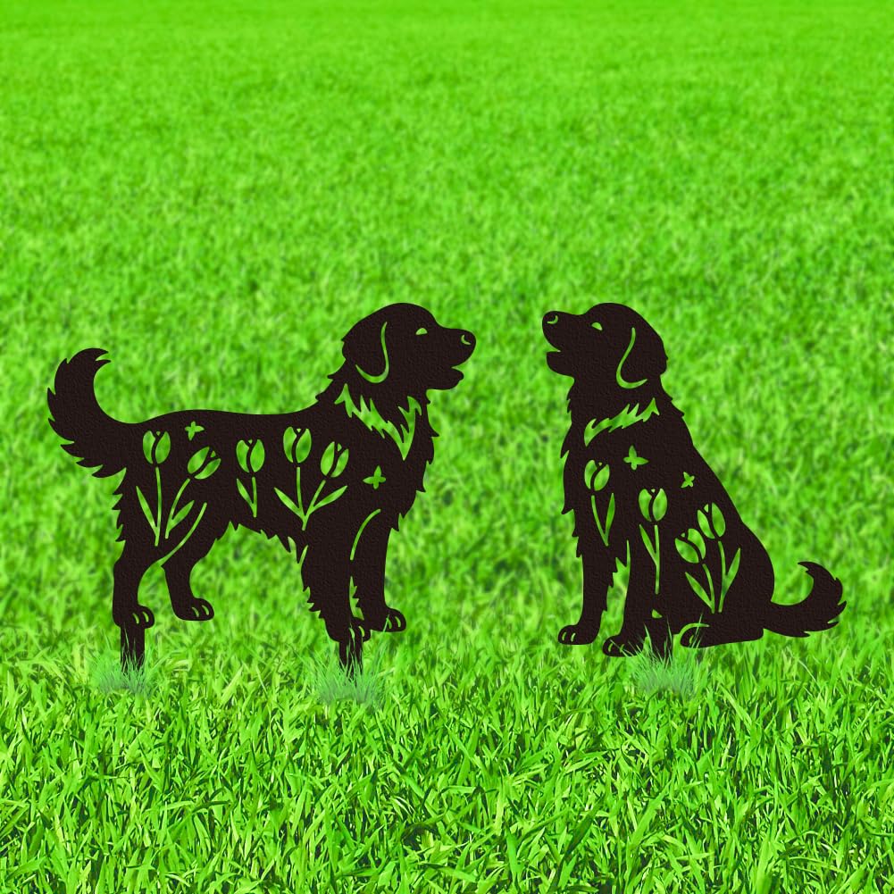 WADORN 2Pcs Golden Retriever Metal Decorative Garden Stakes, Retriever Dog Silhouette Metal Outdoor Statues Flowers Garden Ornament Gifts Black Yard Art Decors Gifts for Dog Lovers Backyard Walkway