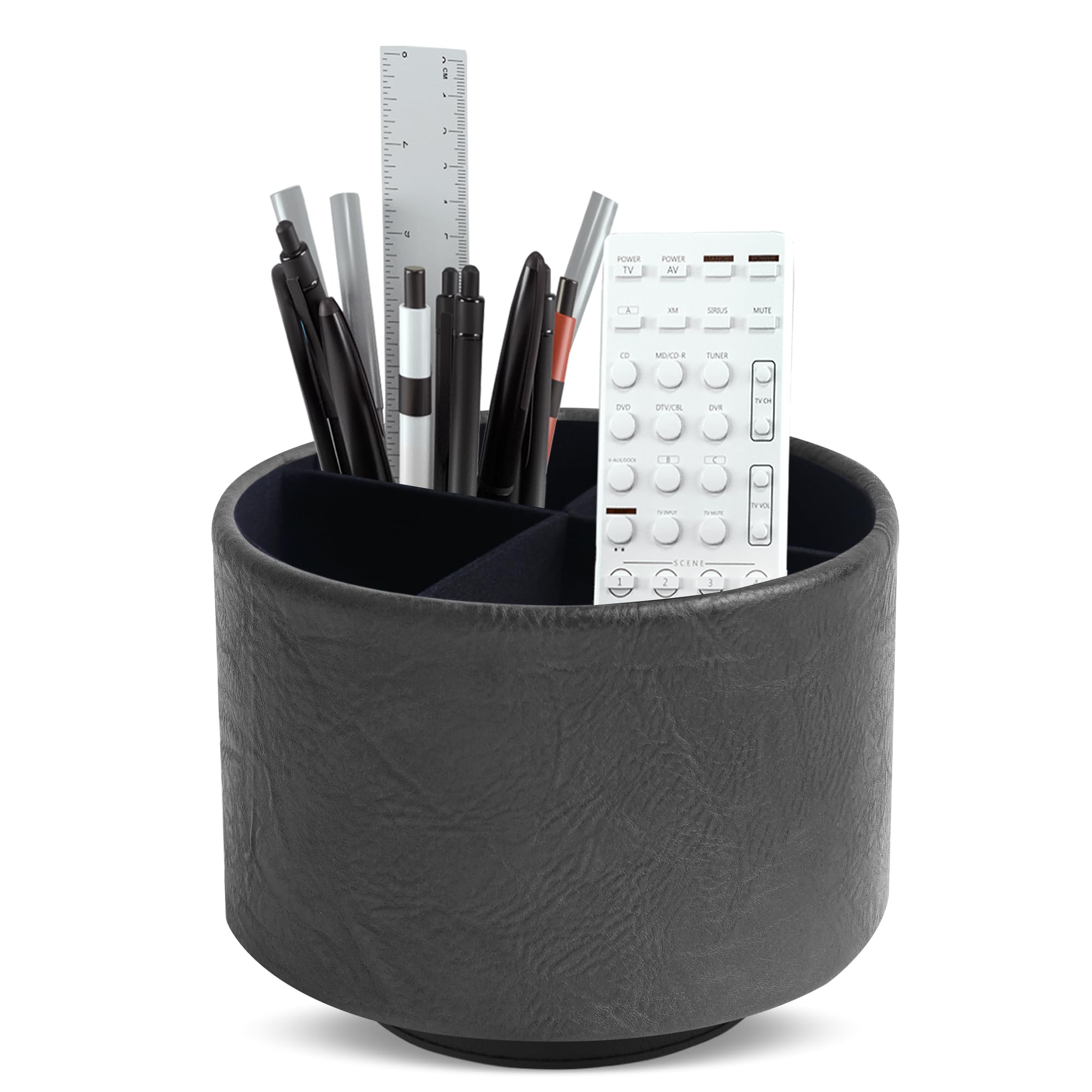 Mtzmy Round Leather Art Supply Organizer,Remote Control Holder,360 Degree Spinning,Multi-Functional Pencil Holder,4 Compartments Desktop Stationary Organizer(1-Crazy Black)