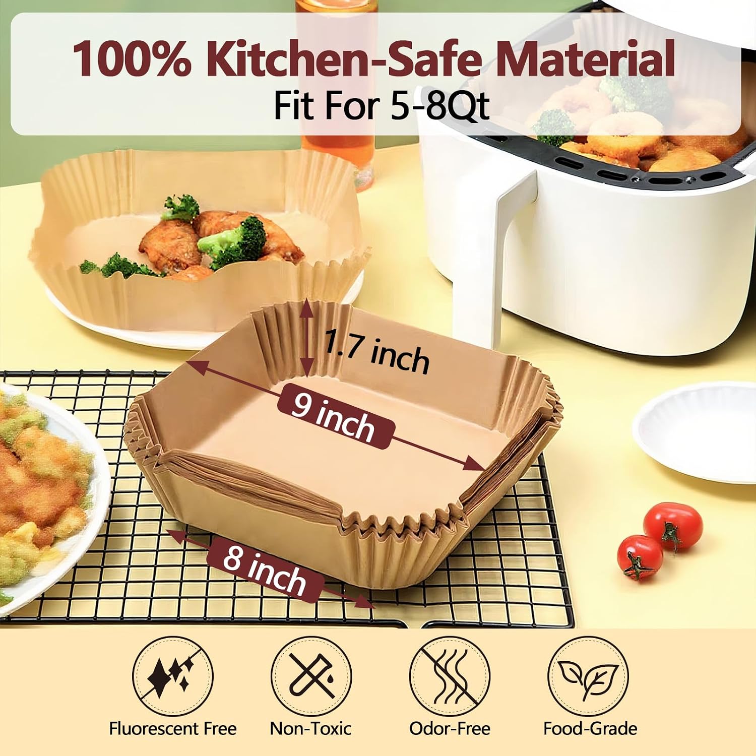 9 Inch Air Fryer Liners Disposable-125PCS Square Parchment Paper Liners,Heat Resistant & Non-Stick,Unbleached Liners for Air Fryer,Oven,Roasting,Baking,Microwave（Bottom is 8 Inch）