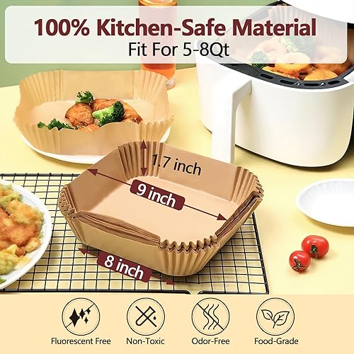 Miniatura 2 de Forros desechables para freidora de aire de 9 pulgadas, 200 forros cuadrados de papel pergamino, resistentes al calor y antiadherentes, forros sin
