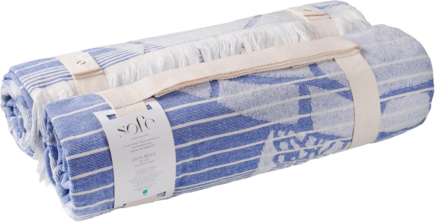 SOFE H&L | LINVIA Foutah Quick Dry Beach Towel Pack of 2 (35” x 70”) CARETTA - Blue | Lightweight, Premium, Fade Resistant, Durable | Travel Towel, Turkish Beach Towel with Shoulder Strap - Image 2
