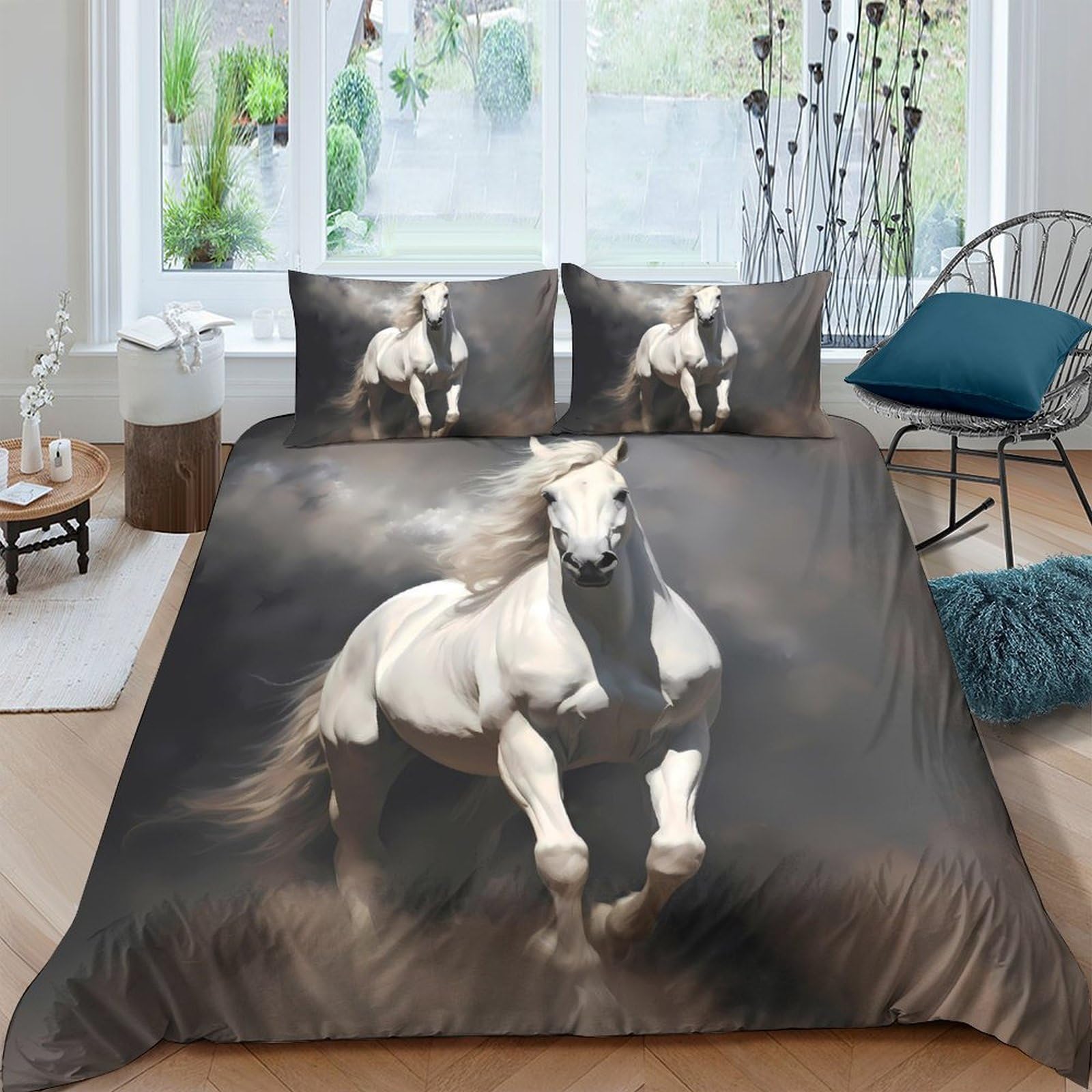 Ctjqhvkz Style-4 3D Printed White Horse Fitted Sheet Microfiber Soft Breathable Running Stallion Mattress Cover For Bedroom Home Decor Single（135X200cm）