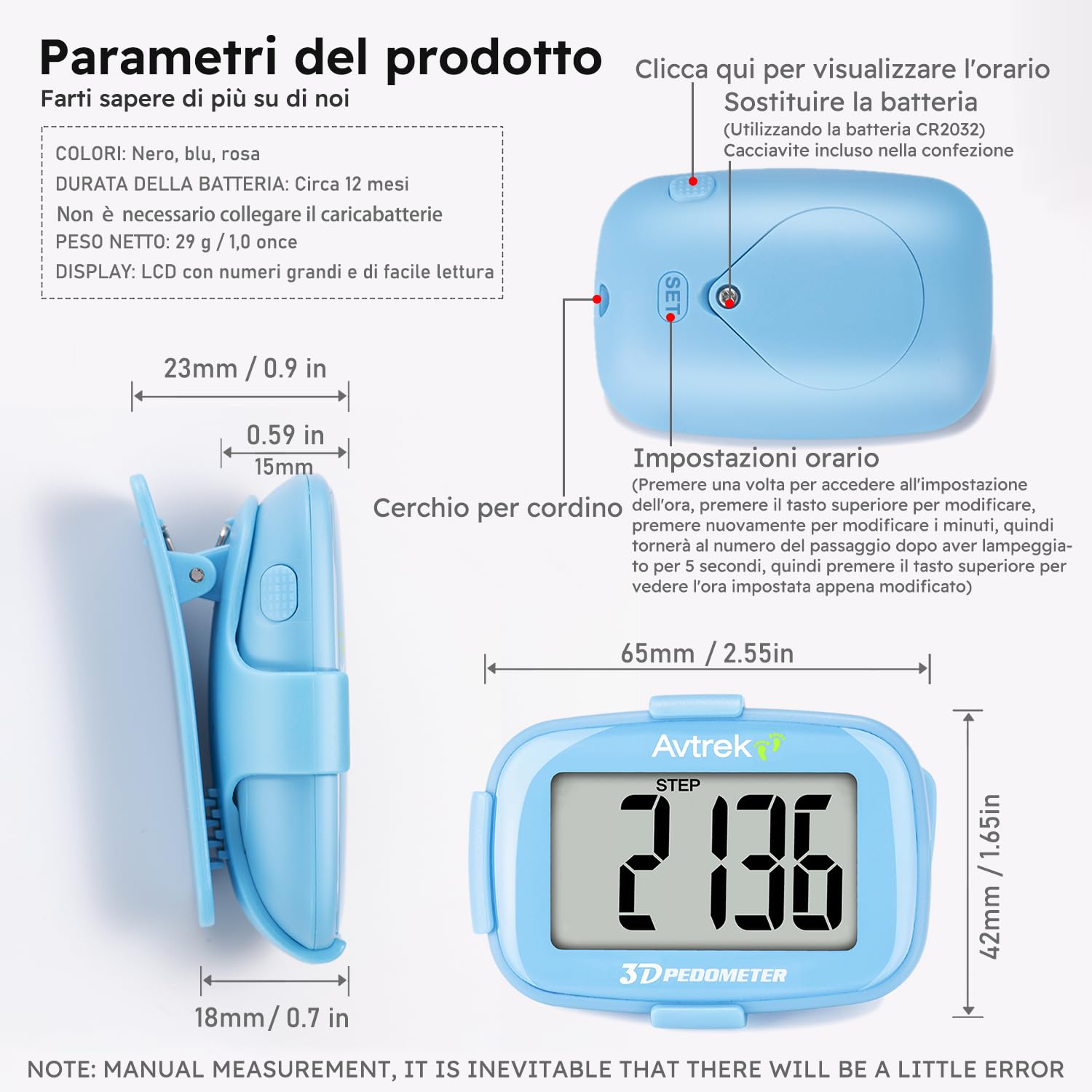 Avtrek Pedometro con contapassi, con funzione di conteggio dei passi, display retroilluminato e visualizzazione dell'ora