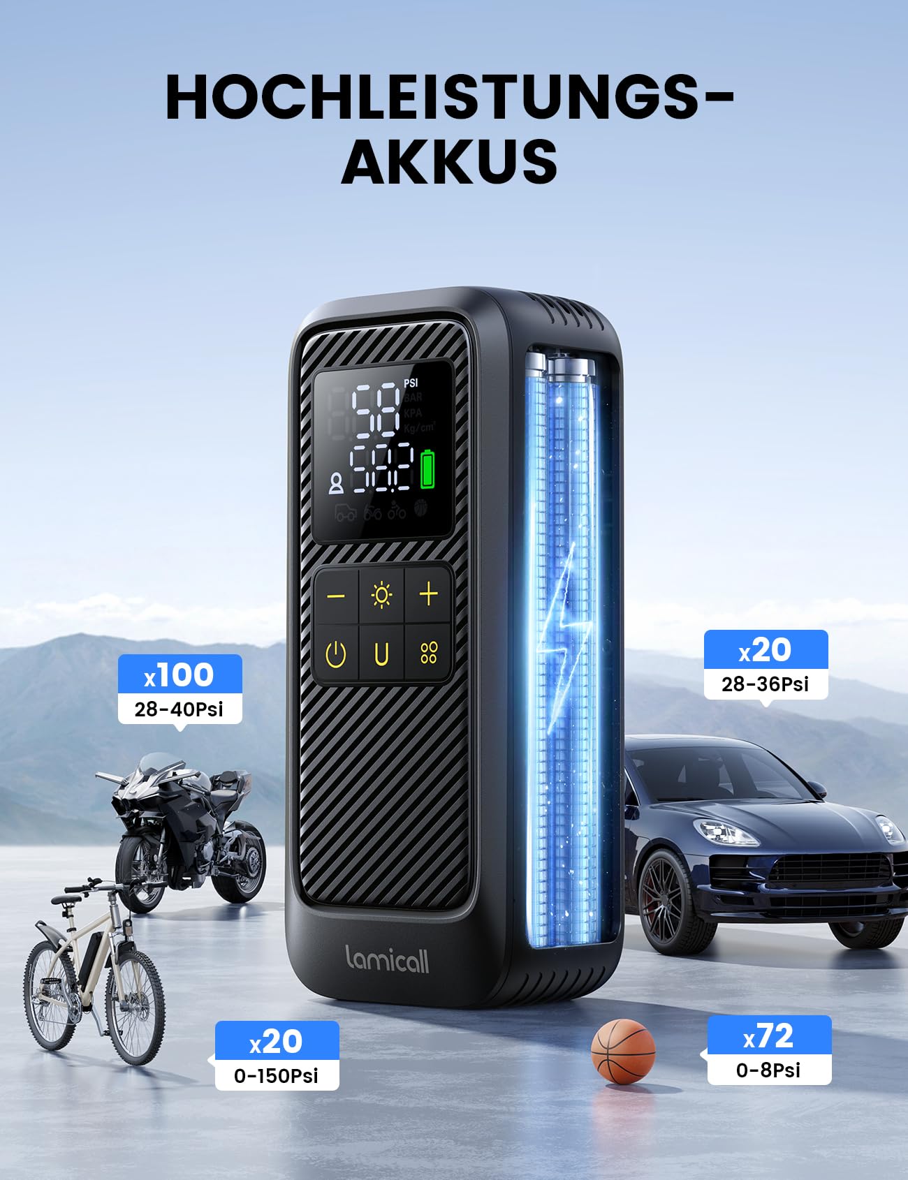 Lamicall Elektrische Luftpumpe, Akku Fahrradpumpe - [5X Schneller] 150PSI Tragbare Fahrrad Pumpe für alle Ventile, Mini Kompressor für Auto, E-Bike, Motorrad, Bälle, Fahrrad Zubehör, mit LED-Licht