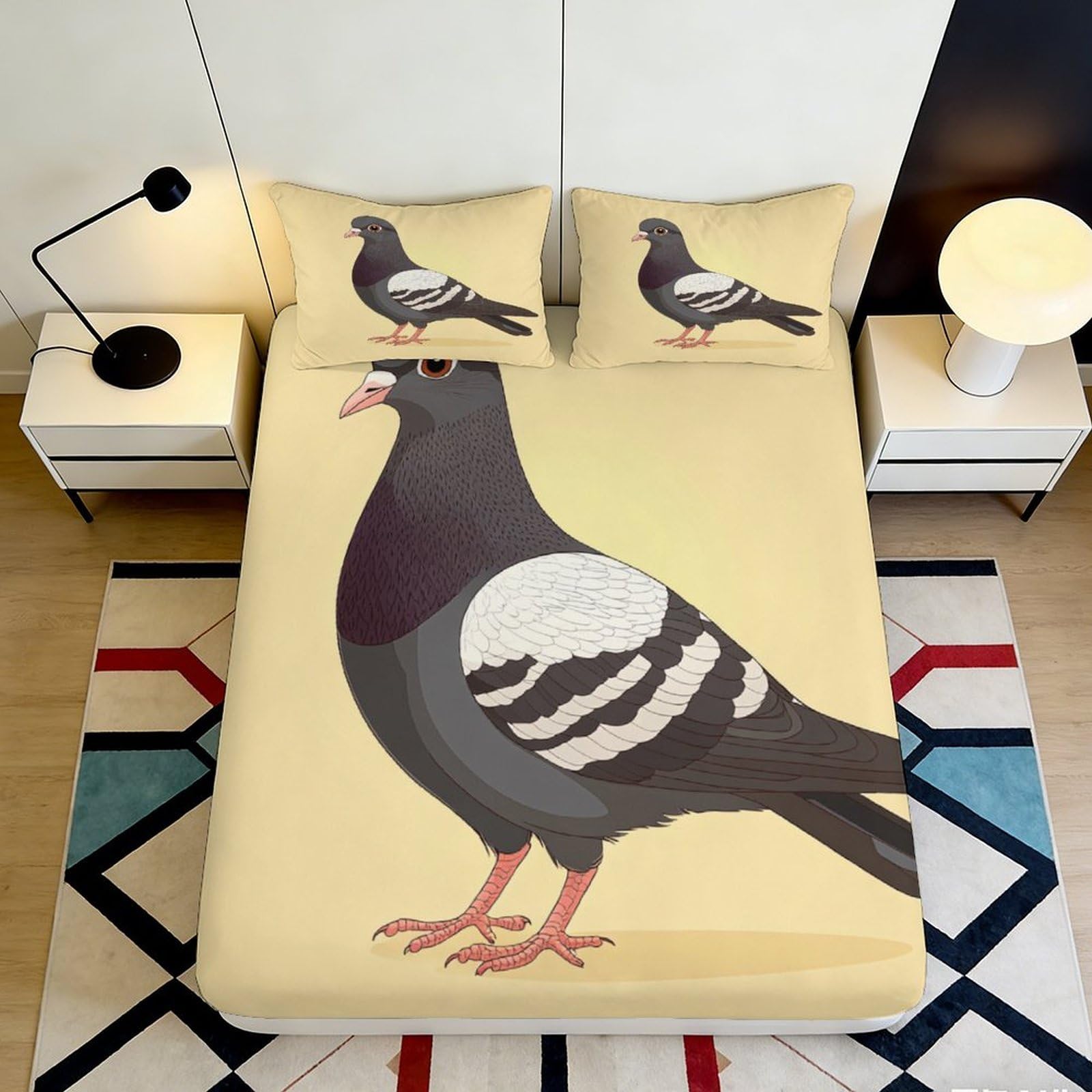 3D Printed Pigeon Illustration Fitted Sheet Microfiber Soft Non-Slip Bird Mattress Cover for Bedroom Guest Room Decor 90x200x25cm