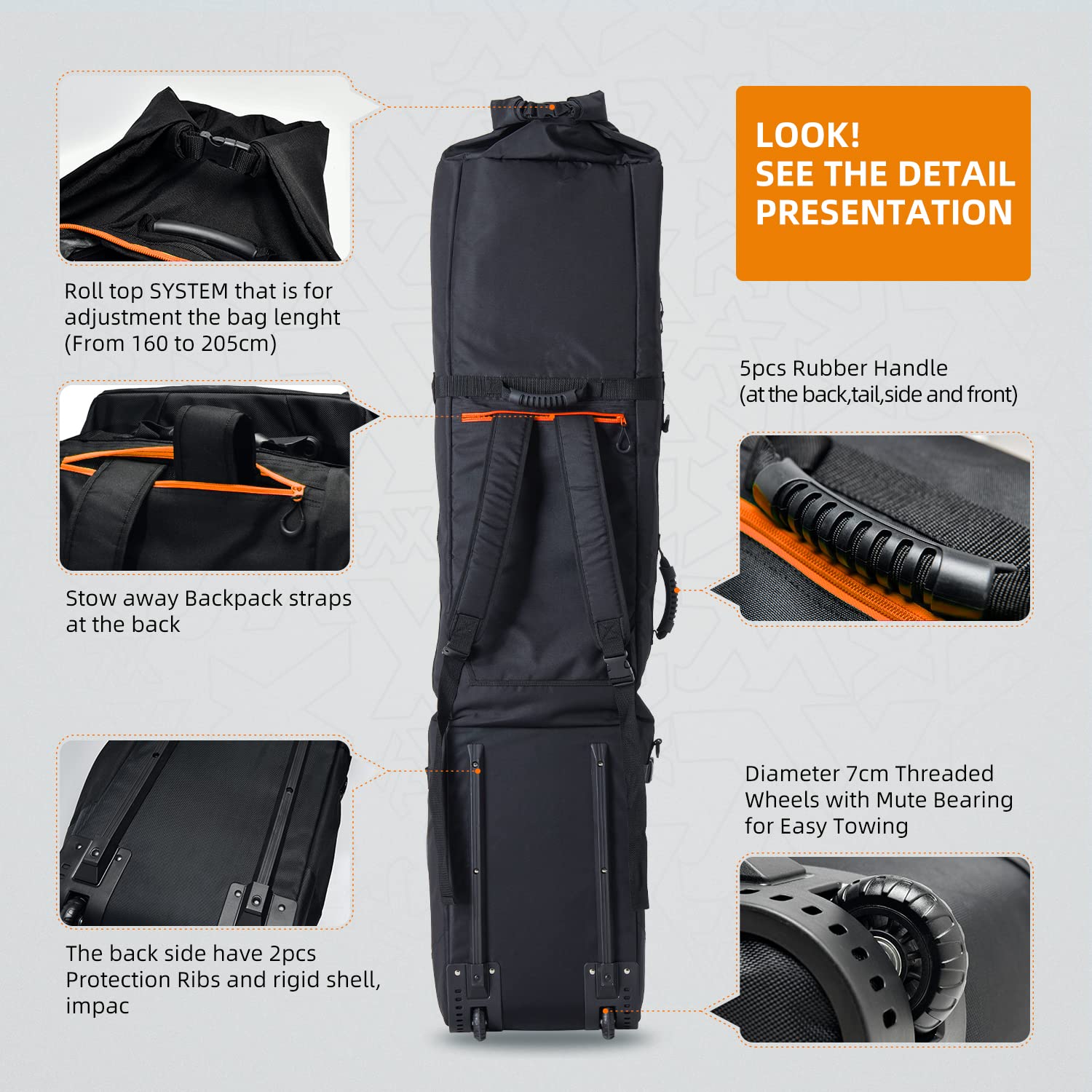 XCMAN - Borsa da snowboard con ruote, lunghezza regolabile per viaggi in aereo, con stecche di protezione in ABS e dorso in polipropilene, versione 2020, Sugarpine Air Mesh - Donna