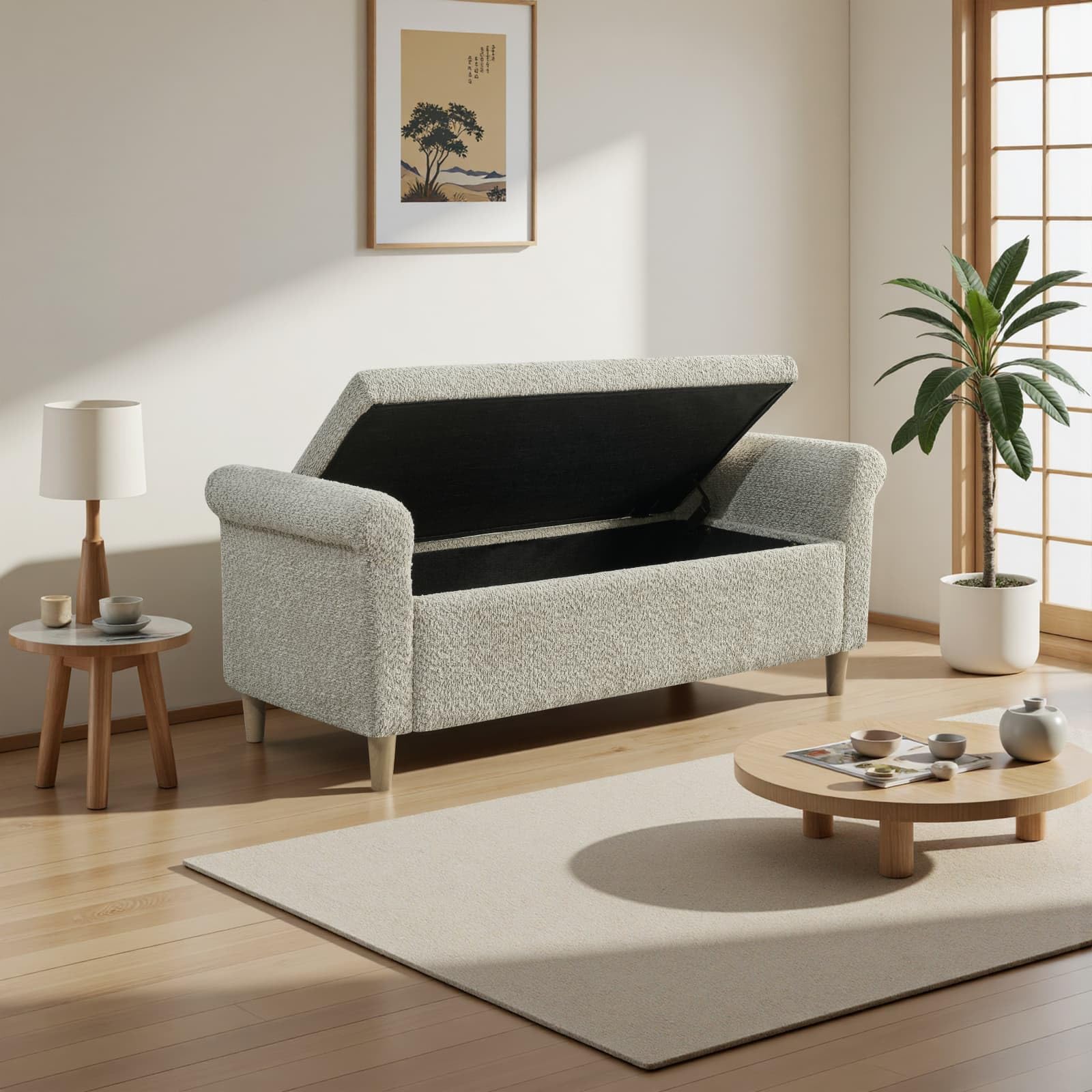 Banquette 2 Places,Fauteuil Salon,Repose Pied avec Espace de Rangement,Petit Canapé,Tabouret,pour Salon Bureau Chambre (Camel)
