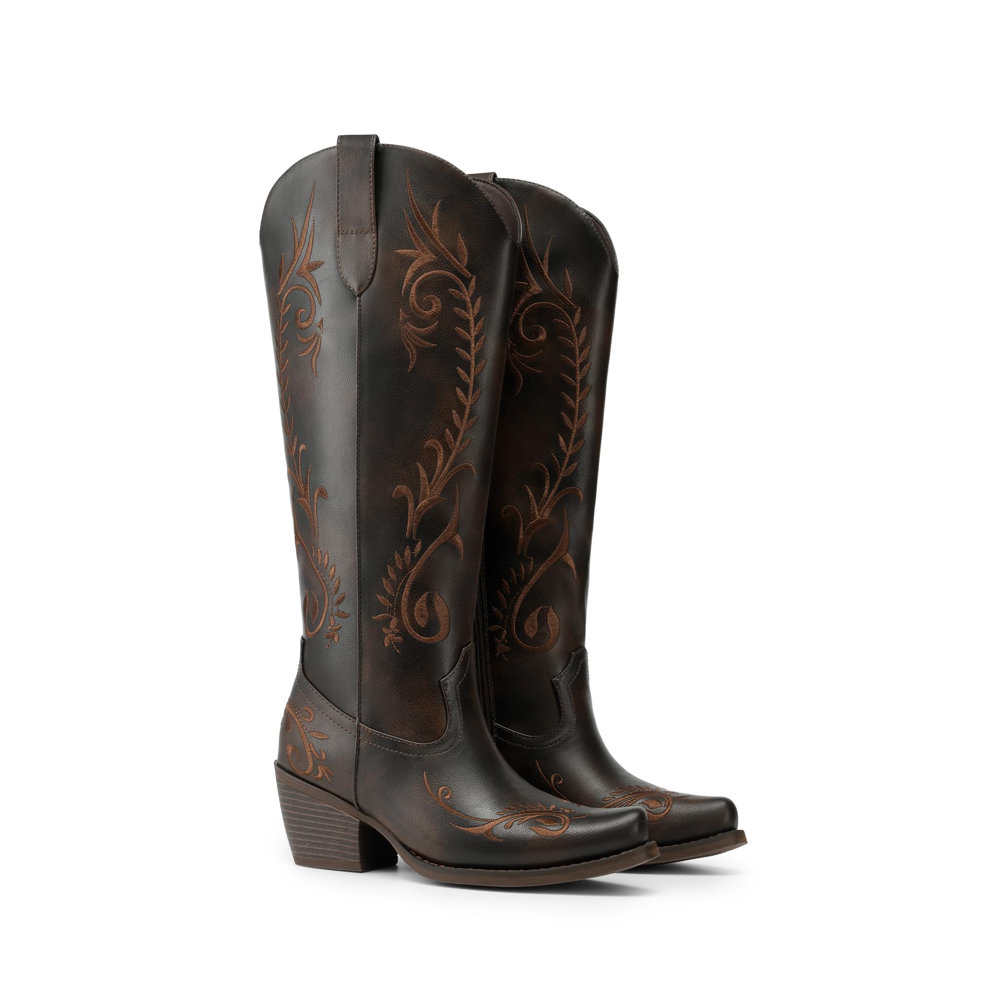 DREAM PAIRS Stivali da cowboy da donna, alti al ginocchio, stile western, retrò, ricamati, comodi, con punta quadrata