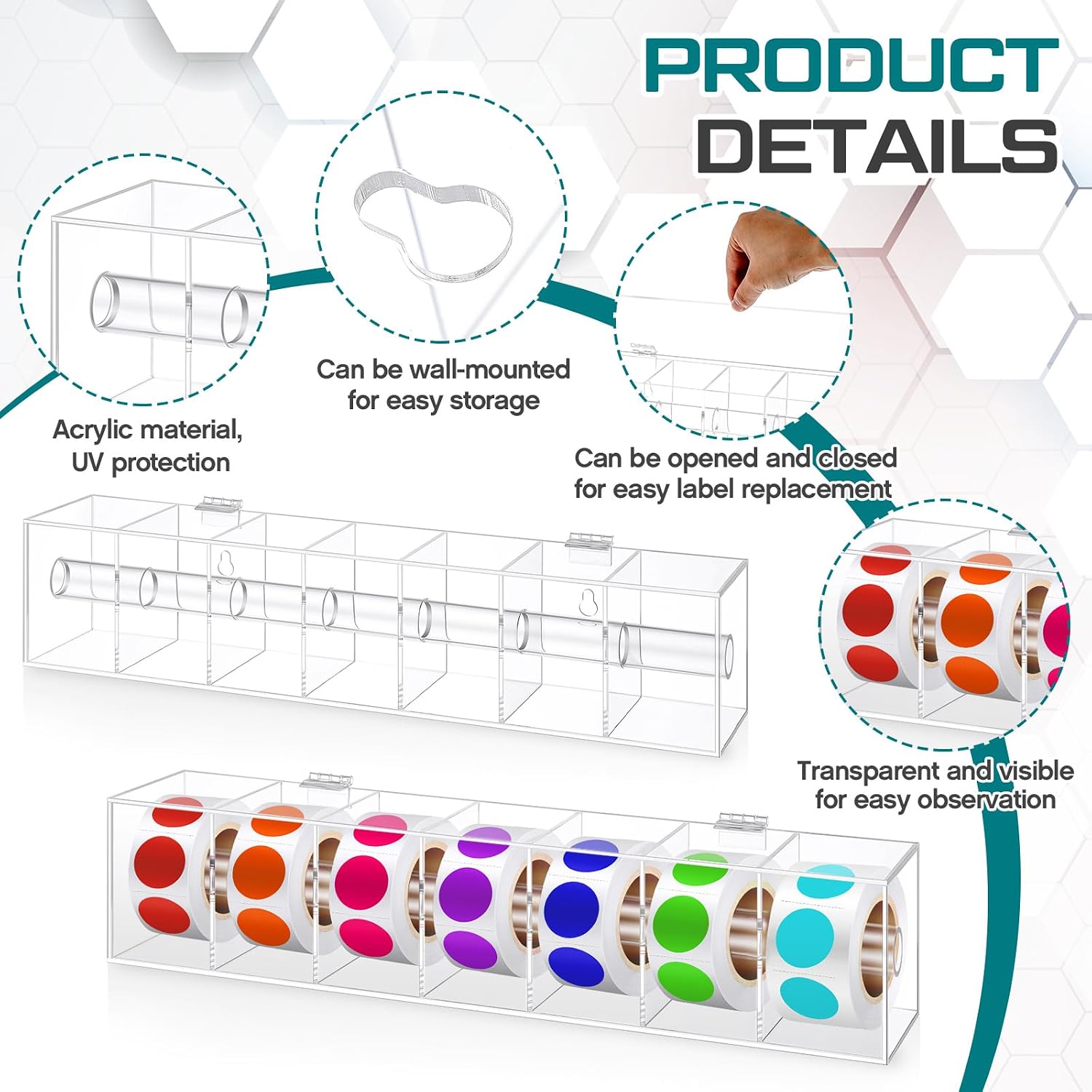 DoubleFill Day of the Week Sticker Dispenser 2.17" Square Acrylic Sticker Roll Holder Covered Label Dispenser Wall Mount 7 Slot Holder for Office Desktop Stickers, Clear, Single Layer(No Label)