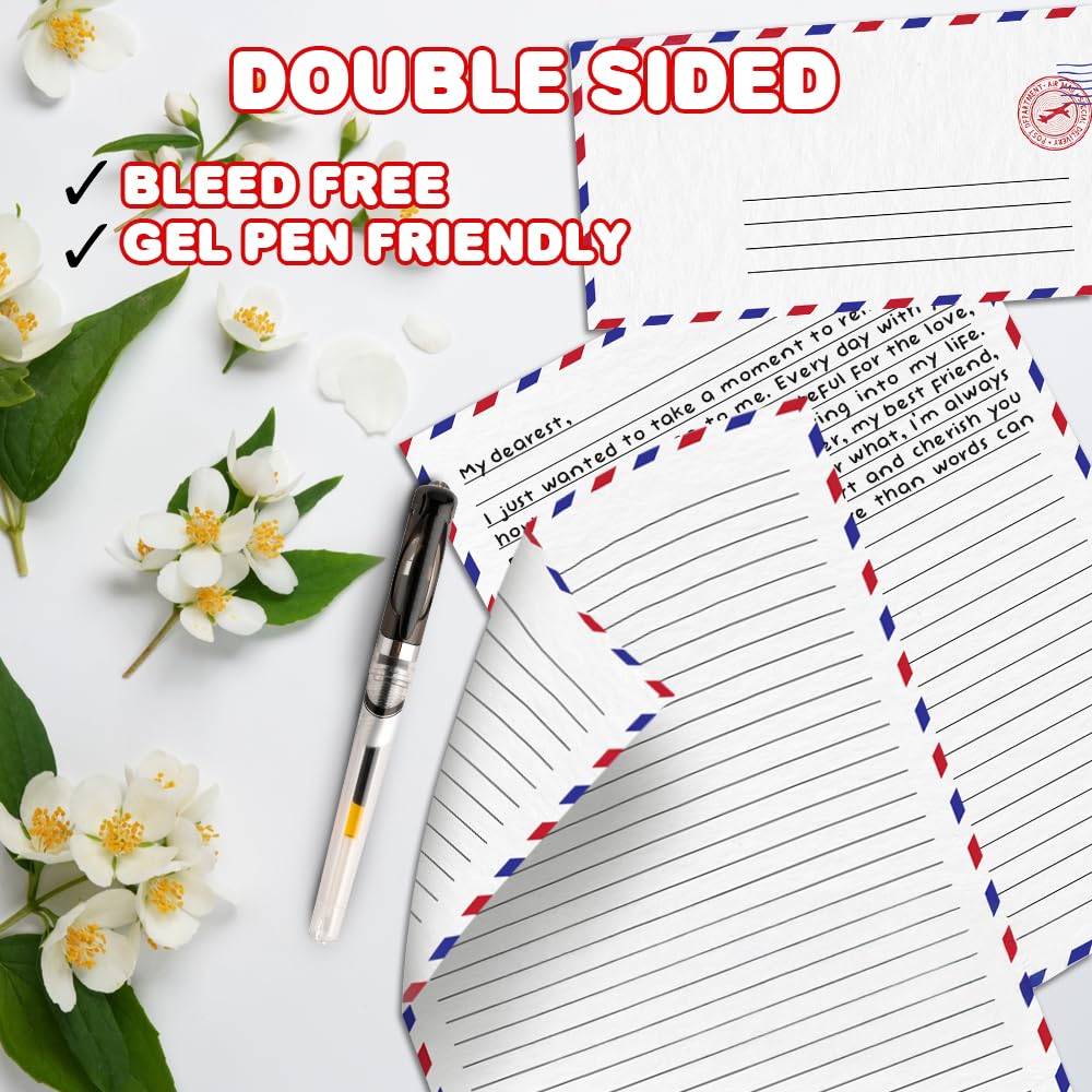 ArtCreativity 100 Pieces Vintage Stationery Paper and Envelopes Set - 50 Double Sided Airmail Sheets and 50 Envelopes - Pen Pal Stationery Letters and Envelopes with Air Mail Design - Image 4