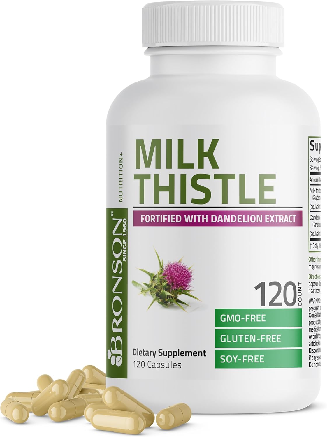 Bronson Milk Thistle Silymarin Marianum & Dandelion Extract Liver Health Support, Antioxidant Support, Detox, 120 Capsules