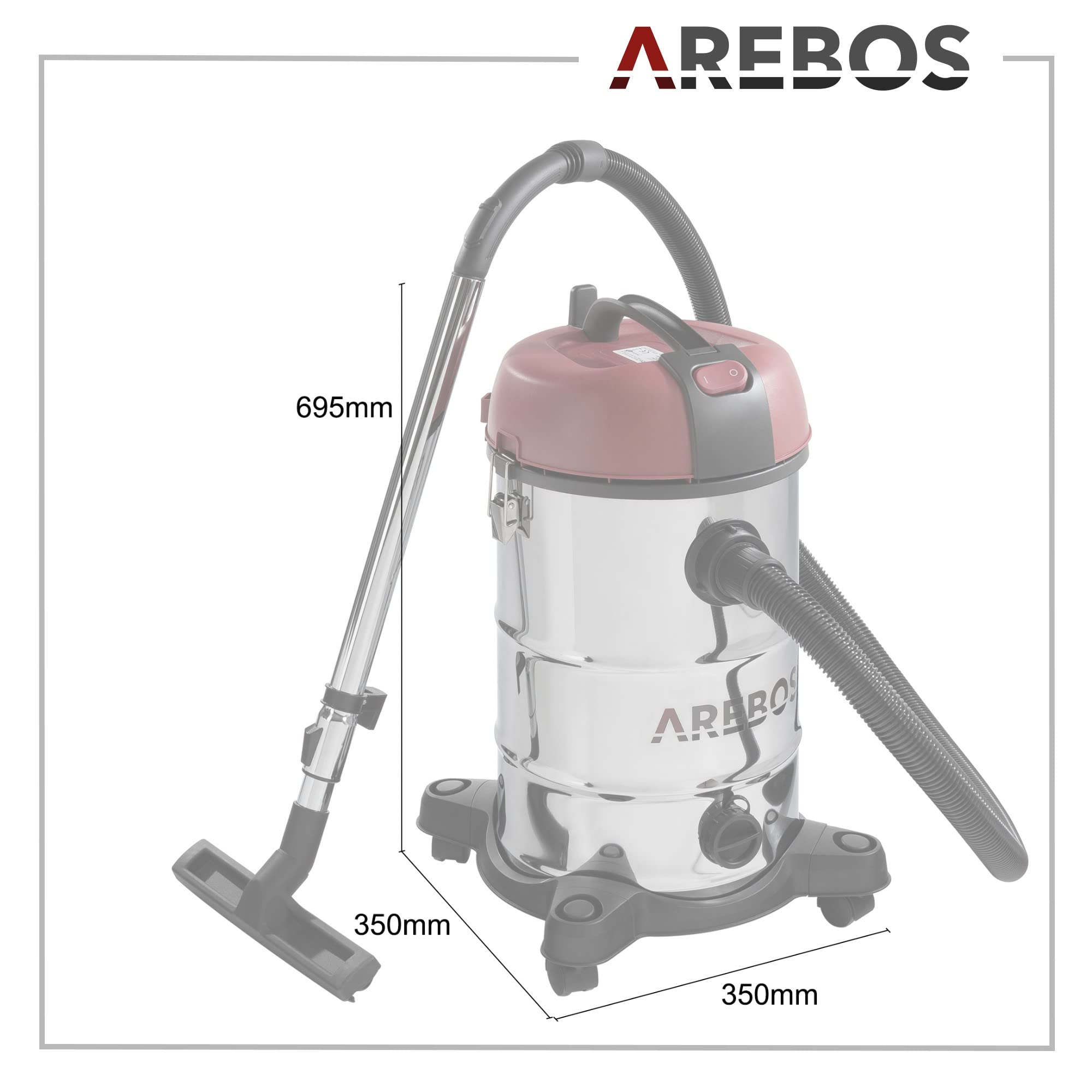 AREBOS Aspirateur Industriel | Aspirateur Sec et Humide avec Filtre | 1800W | 30L | Acier Inoxydable | Rouge