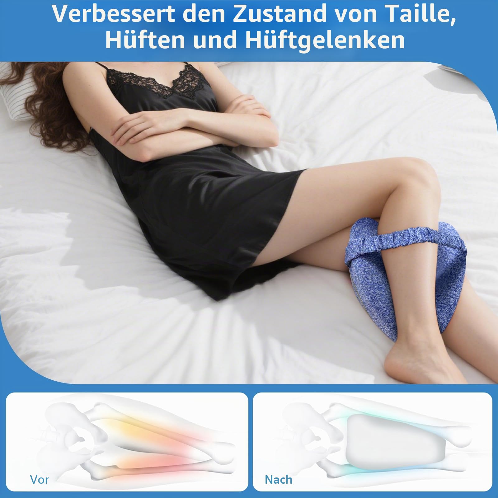 Kniekissen für Seitenschläfer, Beinkissen mit Gummiband, glattes Wirbelsäulenkissen für Seitenschlafen, Oberschenkelkissen mit abnehmbarem und waschbarem Bezug, Hellblau