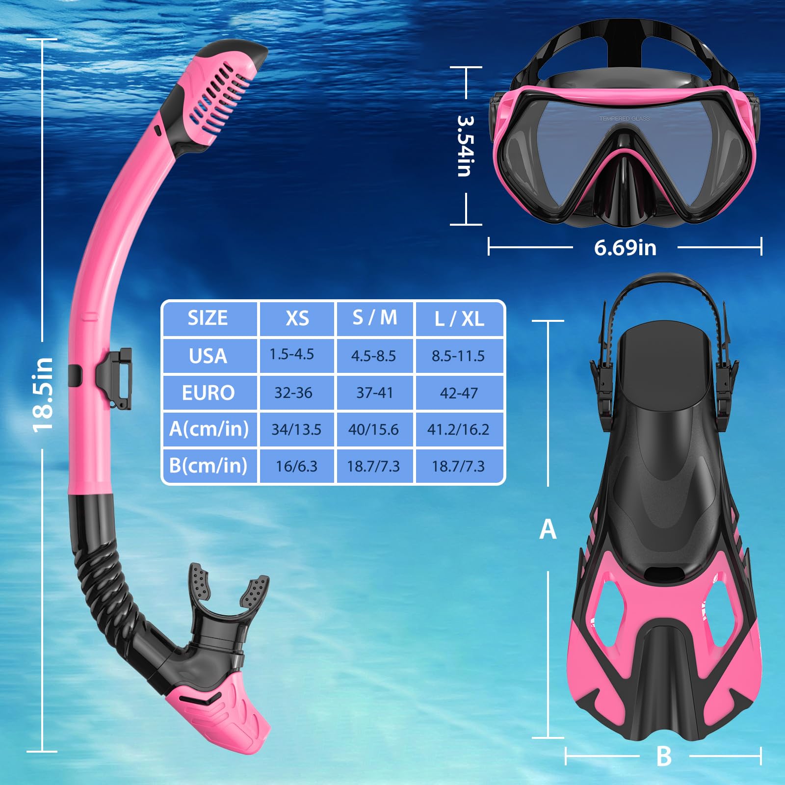 Equipo de esnórquel para adultos, juego de esnórquel de aleta de máscara, esnórquel de parte superior seca, kit de esnórquel, paquete de buceo de viaje, vista panorámica, antivaho, antifugas, rosa