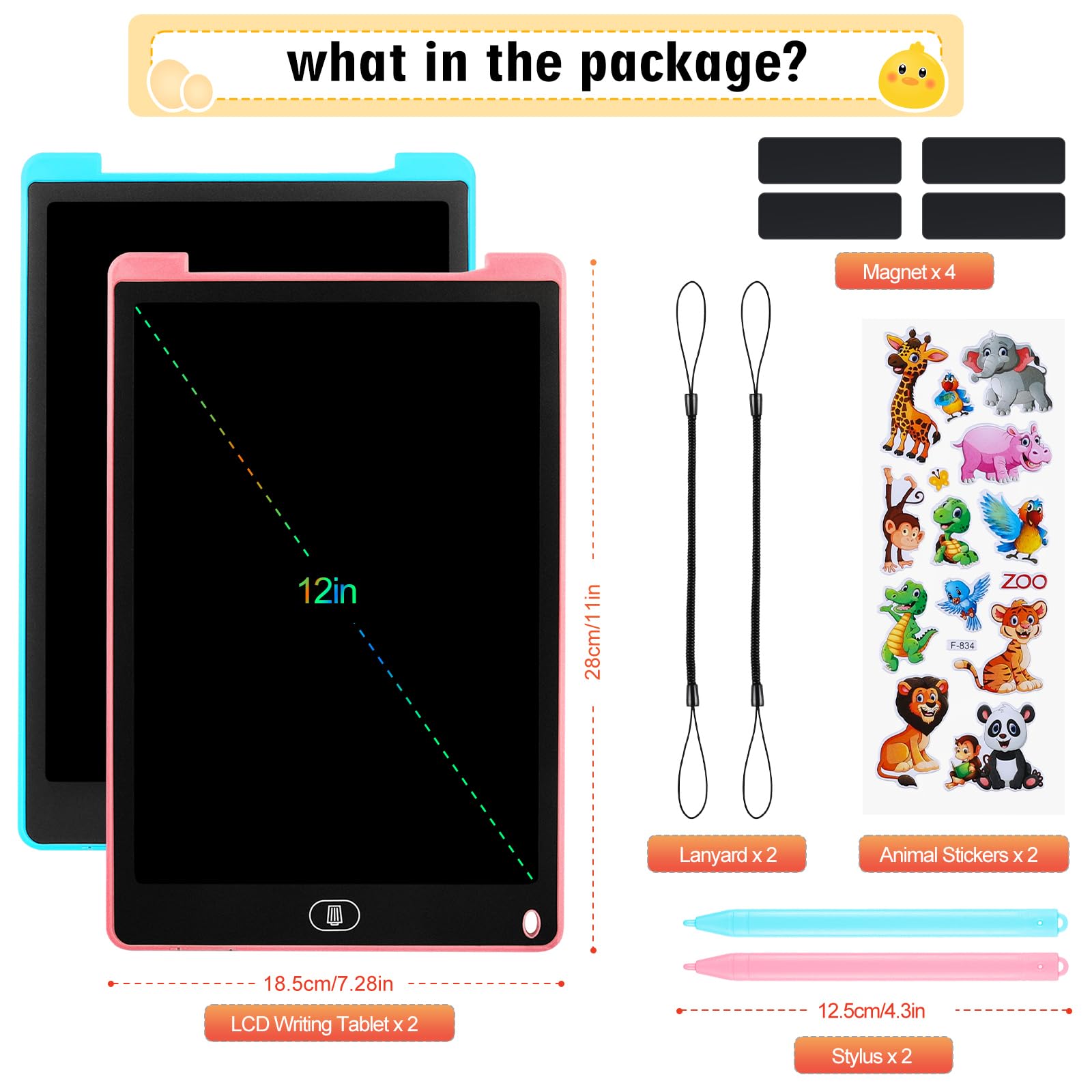 Damcyer 2 Pezzi Tavoletta Grafica LCD Scrittura 12 Pollici,LCD Tavoletta Grafica Bambini con Schermo Colorato,Taccuino Cancellabile con Adesivi Animali,per Ragazzi e Ragazze di età 3 4 5 6,Blu+Rosa