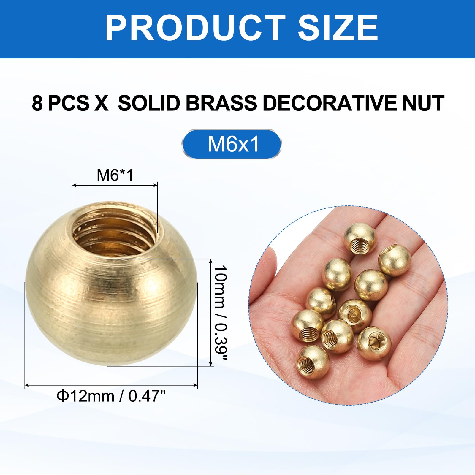 PATIKIL M6x12mm Thread Cap Nuts Knob, 8pcs Brass Ball Lamp Decoration Screw Caps Nut Cover Nut for Furniture Lighting or DIY Project - Image 2