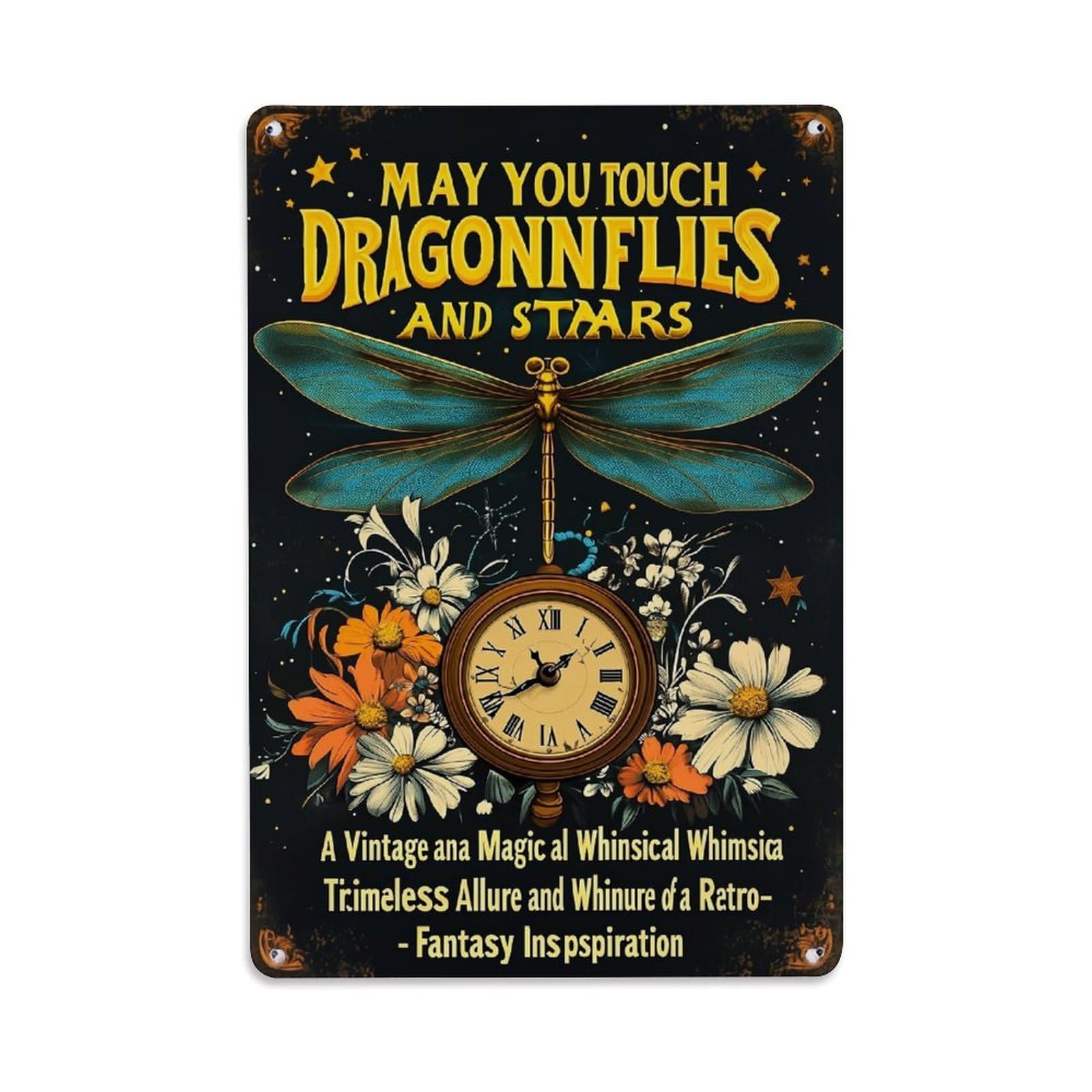 Jdfenggu Vintage Dragonfly Clock Flowers Stars Night Retro Metal Tin Sign, Decor Art Poster For Bar, Home, Man Cave, Kitchen, Laundry Room Gift 8X12inch