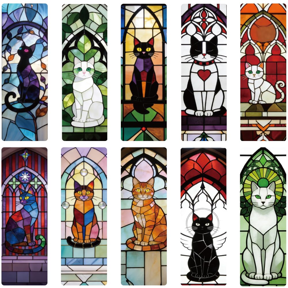 PRESSINART 10Pcs 10 Styles Fantasy Cat Bookmark 5.9 x 2 Inch Stain Glass Cat Bookmarks Cute Animals Acrylic Rectangle Transparent PVC Book Marks Gifts for Men Women Reading Lovers Journal Accessories
