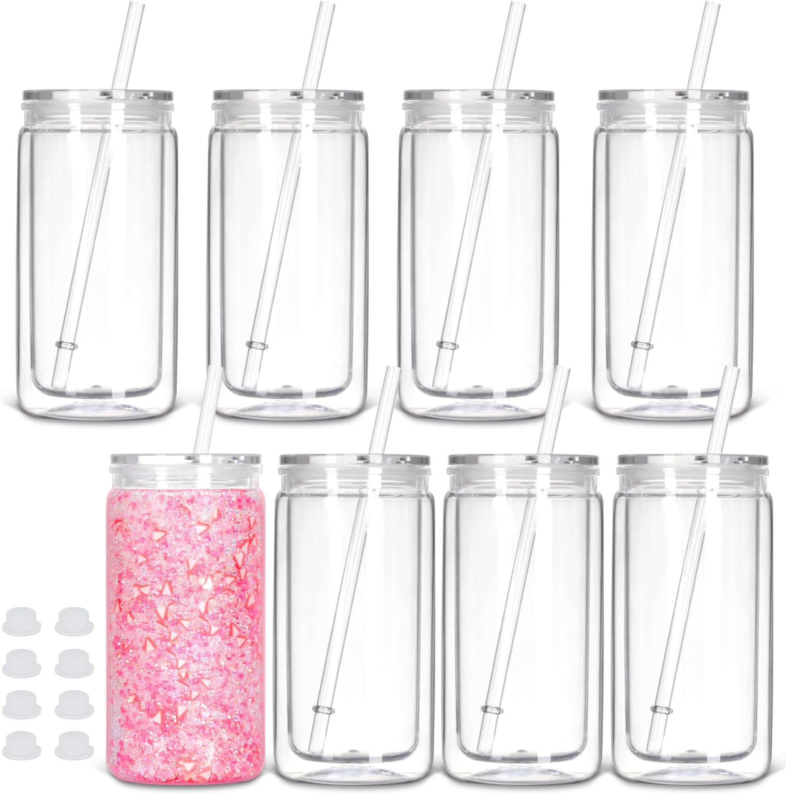 8 Pack Snow Globe Plastic Tumbler, Glitter Snow Globe Plastic Cup, Gift 16oz with Lid and Straw, Double Wall Insulated