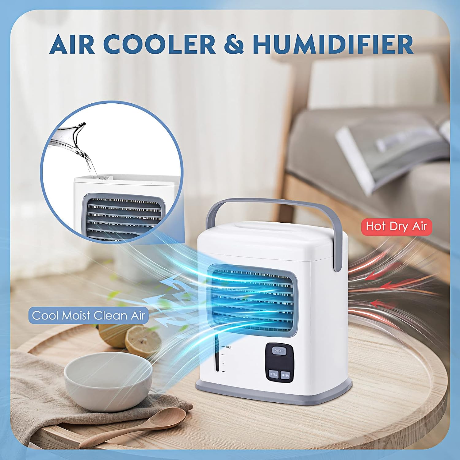 Portable Air Conditioner - 3 IN 1 Air Cooler Humidifier Portable Design W/12H Timer 500ML Capacity Desktop Fan USB Power Supply 2 Speeds Personal Mini Air Cooling Fan for Small Room Office Dorm