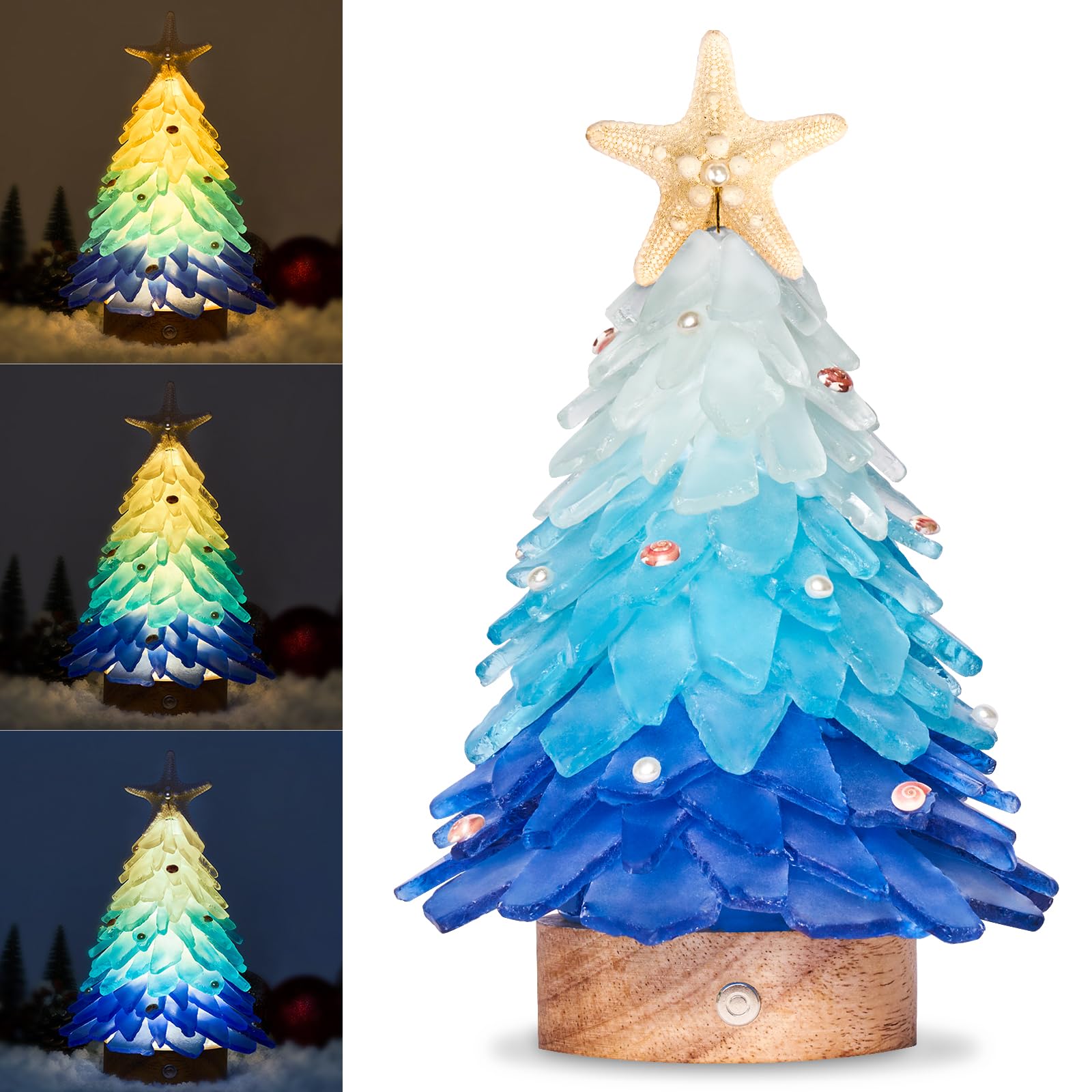 WeDoSoy Sea Glass Christmas Tree - Handcrafted Mini Christmas Tree with LED Lights, Blue Gradient Color, Ideal for Christmas, New Year, Coastal Holiday Decor, Versatile Home Decor