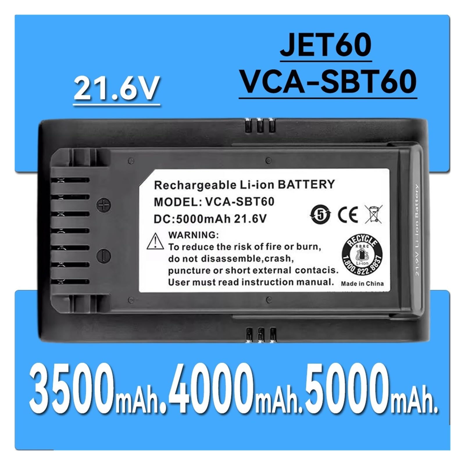 Accessori for aspirapolvere, pacco batteria ricaricabile agli ioni di litio ad alta capacità da 21,6 V 5000 mAh, compatibile con Samsung l'aspirapolvere Jet60 VCA-SBTA60(21.6V 3500mAh)
