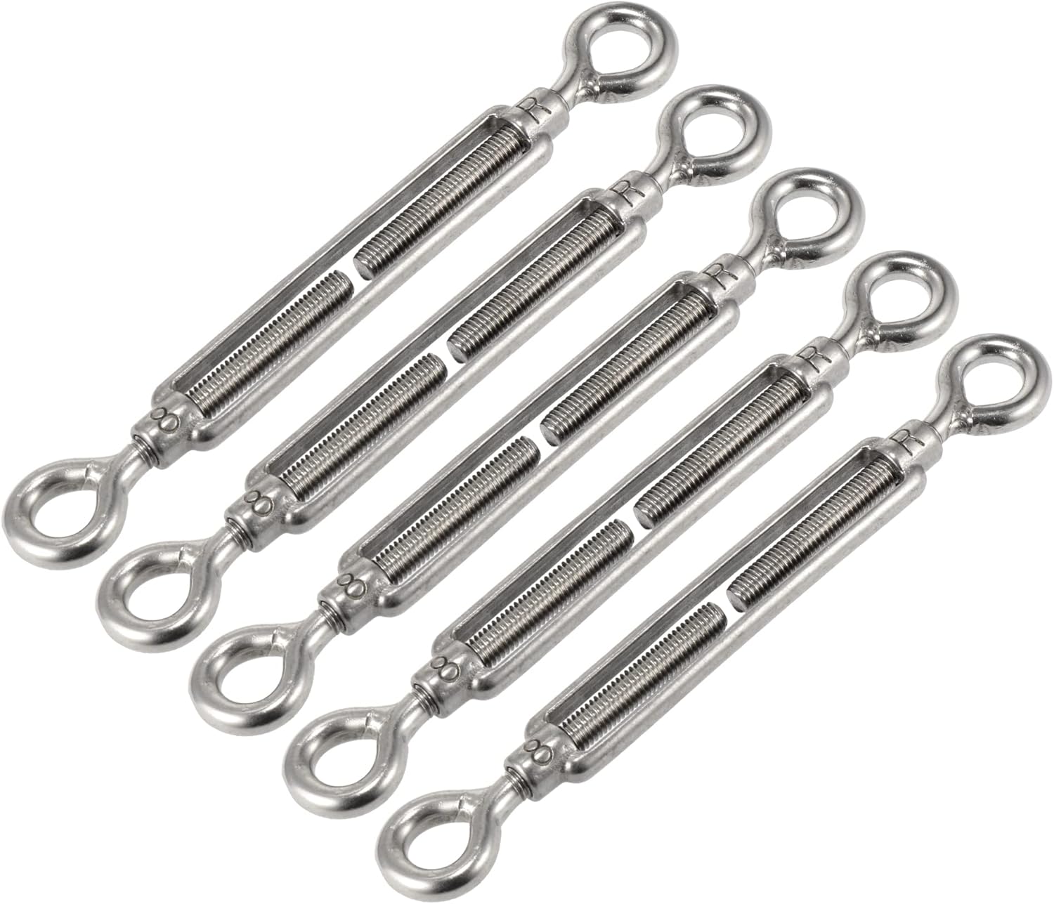 X AUTOHAUX 5pcs M8 8mm OO Type Eye and Eye Car Turnbuckle Rigging Wire Rope Tension Screw 304 Stainless Steel Hardware for Cable Railing Adjustable