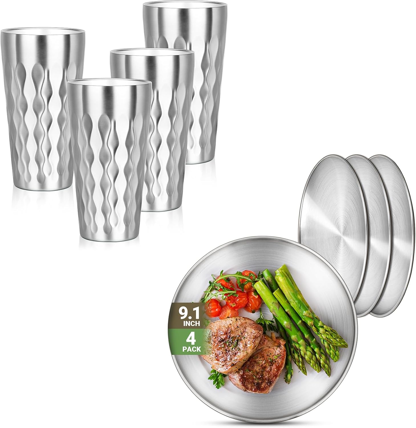 19oz 4 Cups and 9.1" 4 Plates 304(18/8), Round Shatterproof Stainless Steel Plates, Double Wall Stackable Unbreakable Stainless Steel Cups for Outdoor Travel Camping BBQ Home Dinner