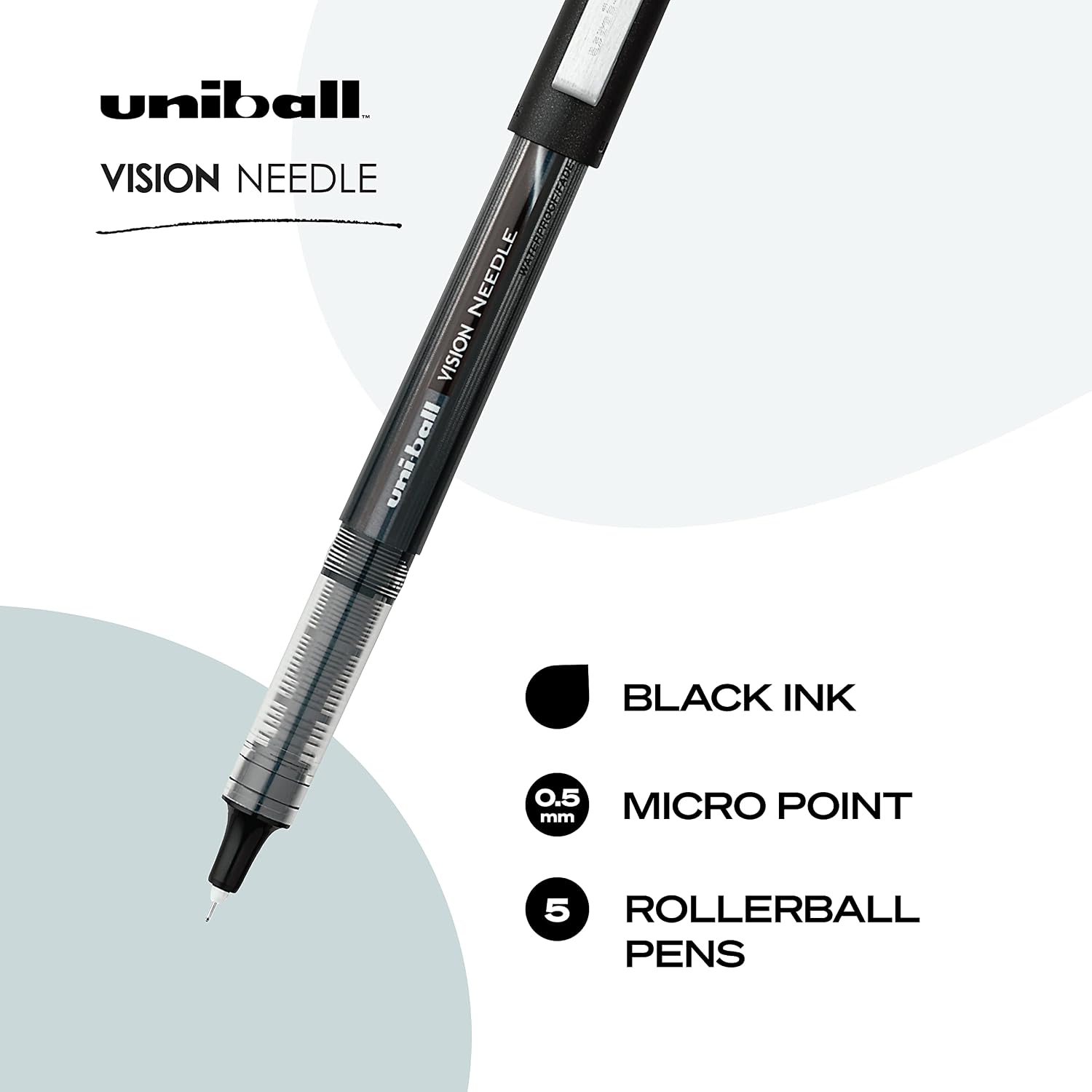 uni-ball Vision Needle Rollerball Pens Fine Point Micro Tip, 0.5mm, Black, 5 Pack