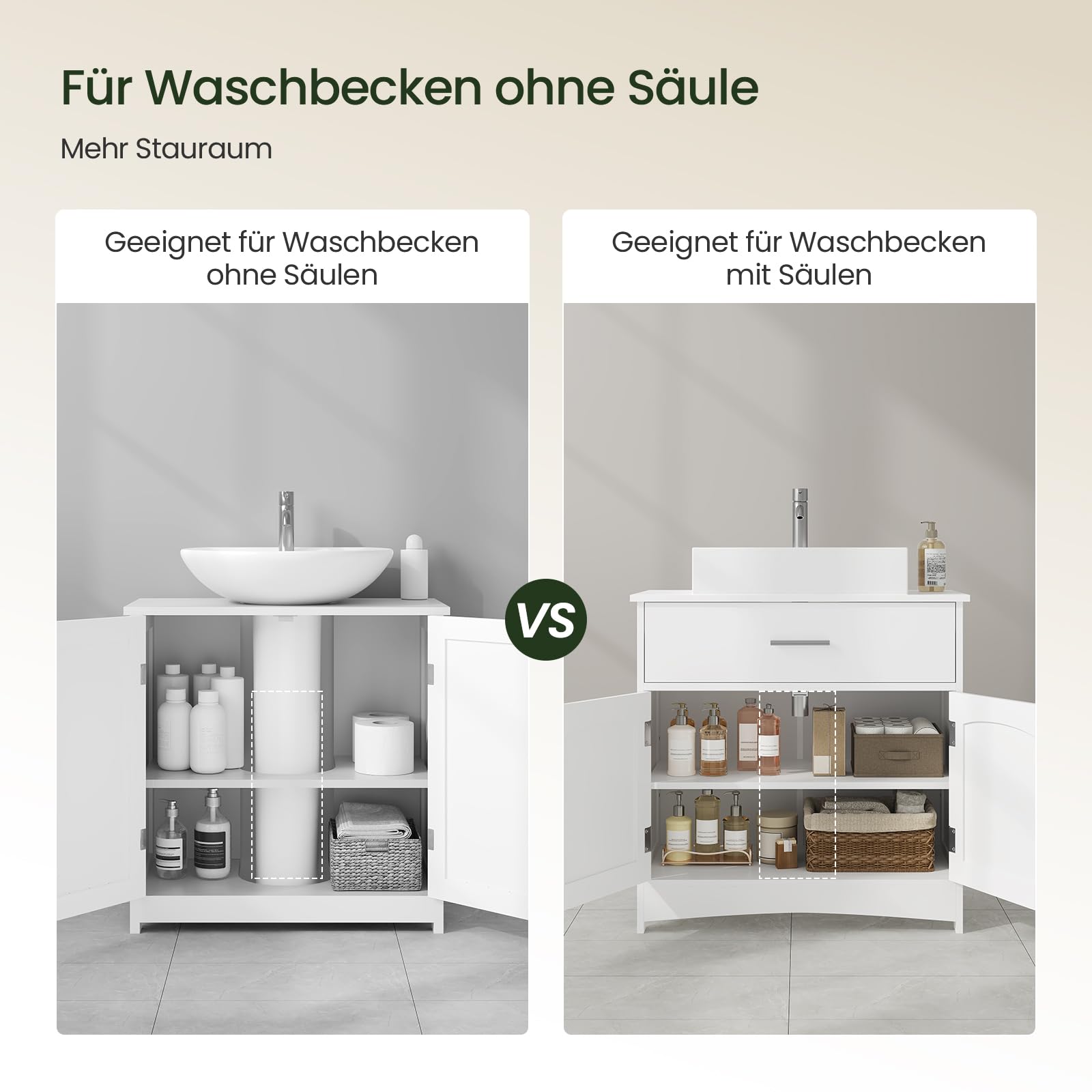 EUGAD Waschbeckenunterschrank, Badezimmerschrank mit Schubladen, 2 Fächer hinter Tür, verstellbare Ablage, Badezimmer Unterschrank, Waschtischunterschrank weiß, 60x60x30 cm