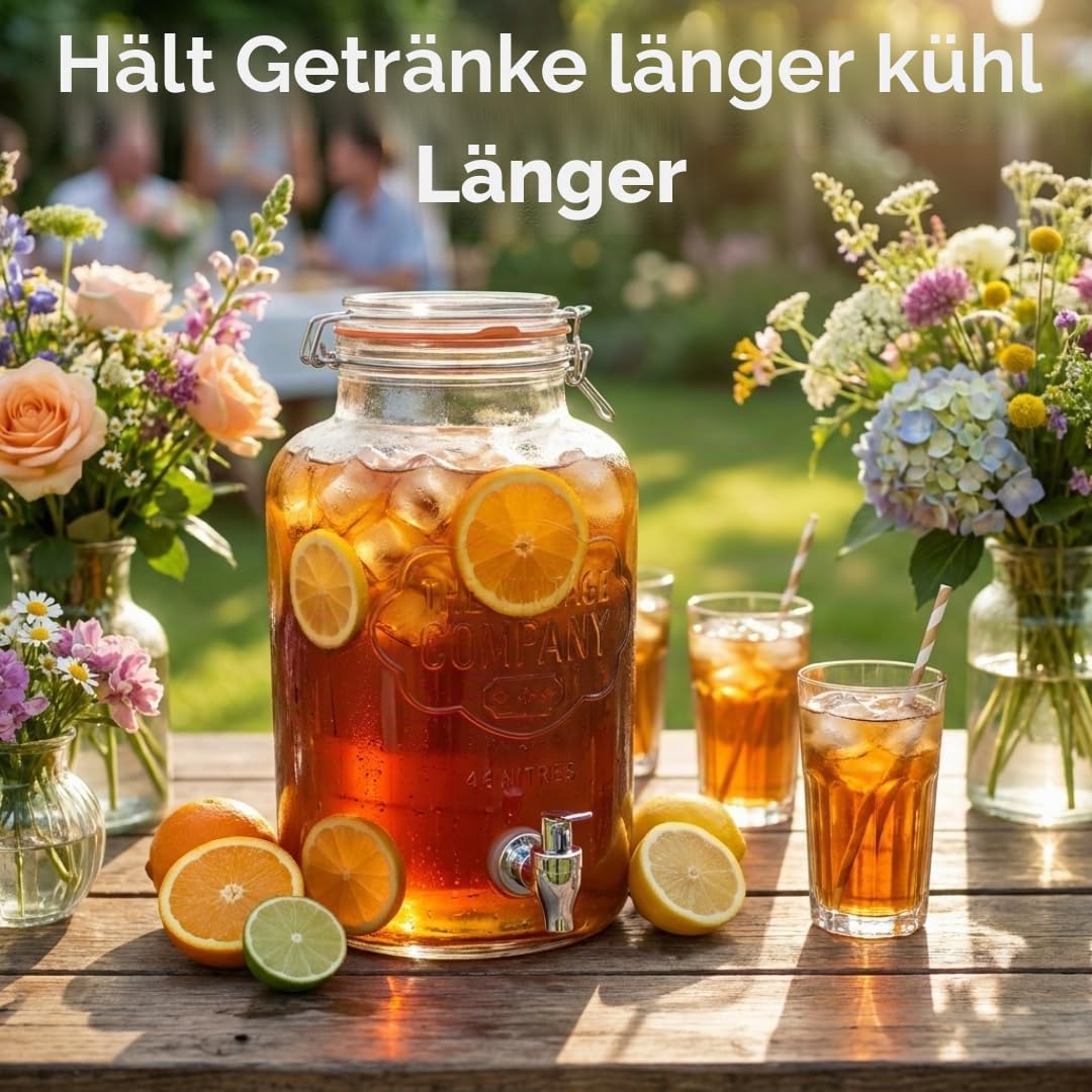 Getränkespender aus Glas mit Zapfhahn, 7.6 Liter Fassungsvermögen, sicherer Schraubdeckel, breiter Flaschenhals/Retro Glas Design, perfekt für Wasser, Saft, Cocktails & mehr
