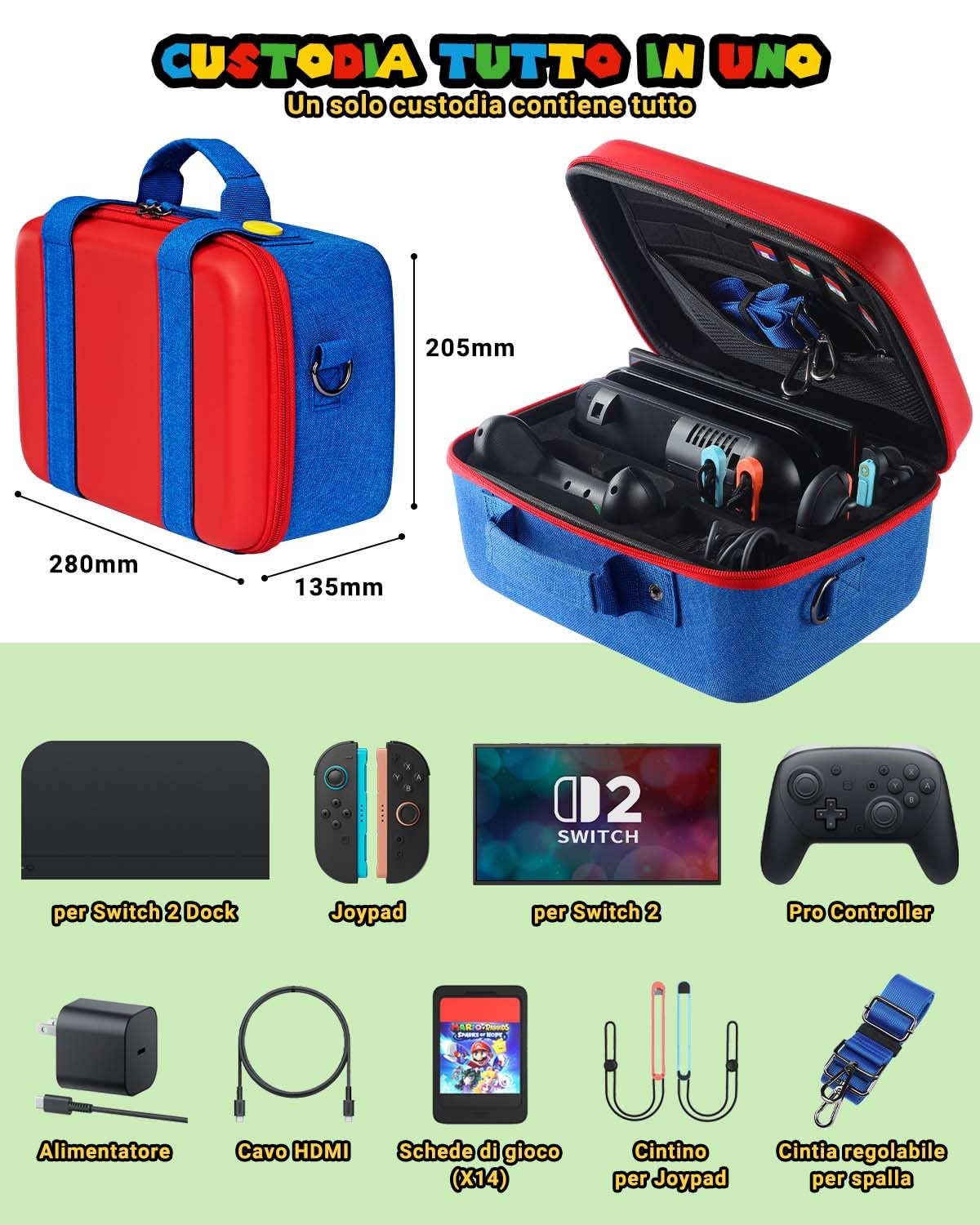 Custodia Protettiva All-in-One Compatibile con Nintendo Switch 2, Custoda da Viaggio Rigida e Portatile, Case di Trasporto per Console Switch 2, Controller Pro, Dock e Accessori, Rosso Blu Grande