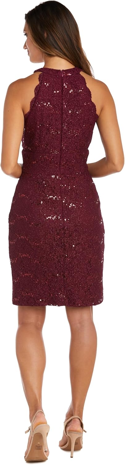 Elegant Lace Mini Dress W/Scalloped Cleo Neckline & Rhinestone Knot Detail 8 Petite Merlot