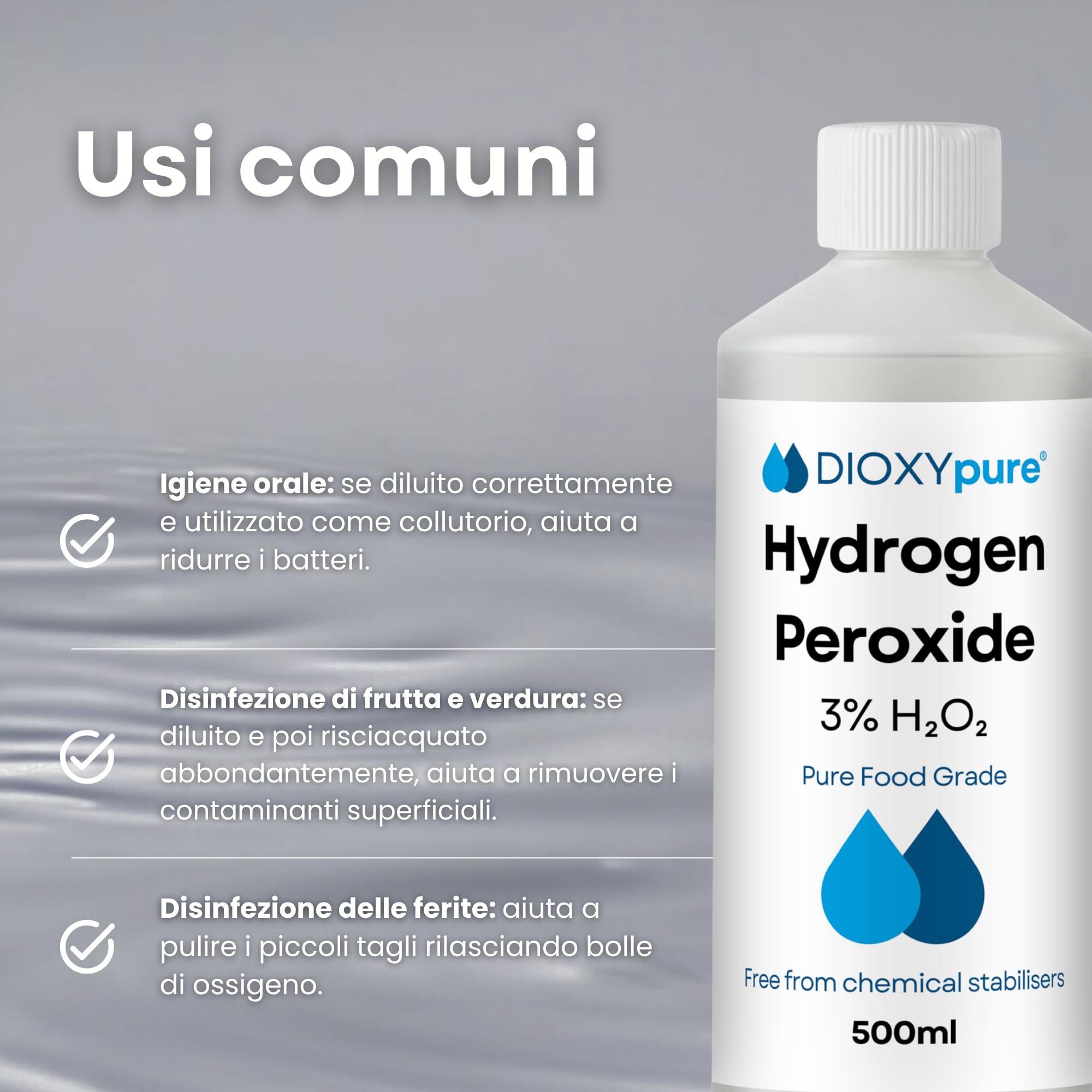Perossido di idrogeno alimentare 3% - 500 ml - H2O2 - Acqua ossigenata - Senza stabilizzatori o additivi - Detergente naturale multiuso - Tappo di sicurezza per bambini