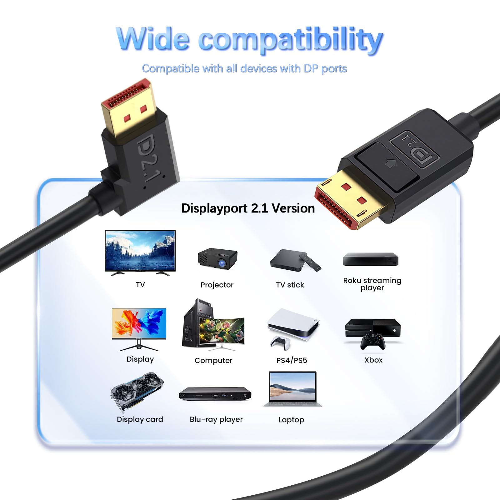 Duttek Câble DisplayPort 2.1 à 90 Degrés, Câble Displayport Mâle Vers Femelle à Angle Court [16K @ 30 Hz, 8K @ 120 Hz, 4K @ 240 Hz] Pour Double Moniteur, RTX 5090/4090, Jeu 240 Hz 15 Cm
