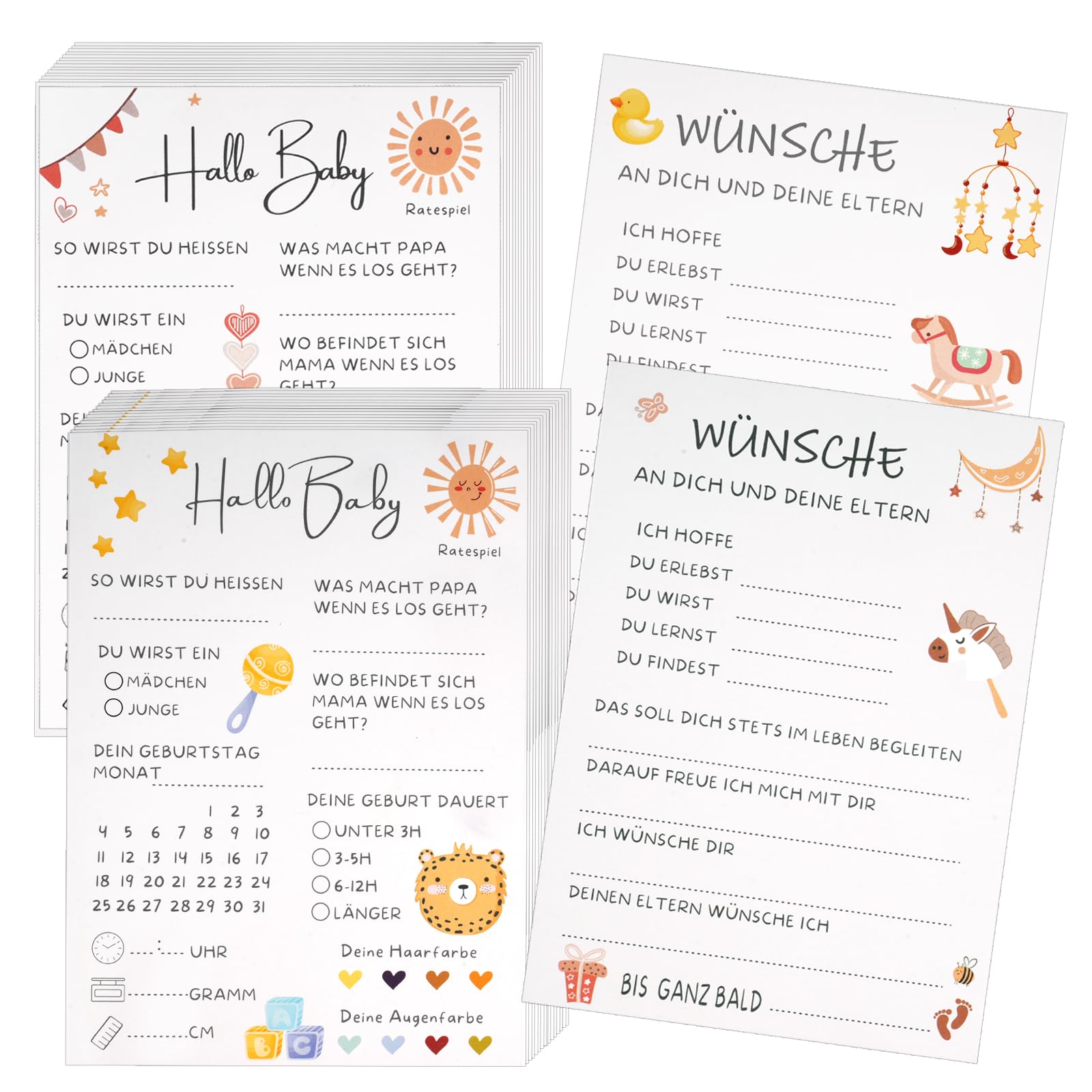 Babyparty Spiele Karten, Babyshower Spiele Karten zum Ausfüllen,Deko Baby Shower Party Spiel Jungen und Mädchen,20 Tippkarten für die Gender Reveal Feier und Babyparty,Beidseitig Bedruckt (Muster A+B)