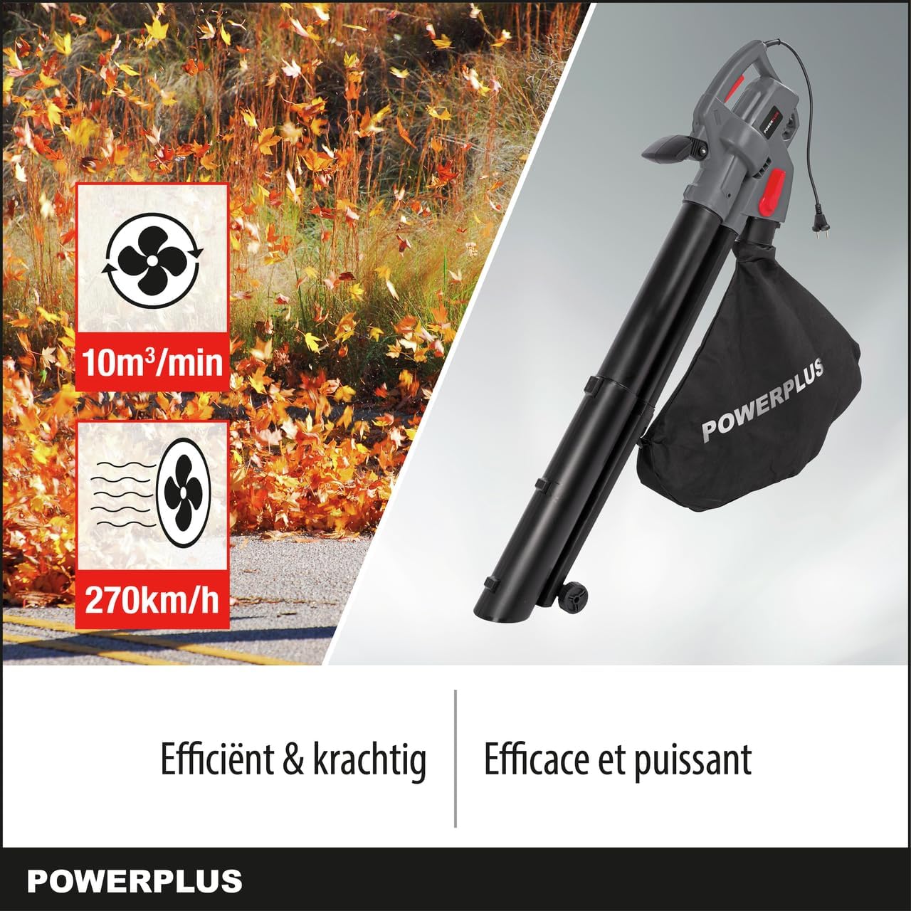 Powerplus leaf blower demonstrating high air speed and volume