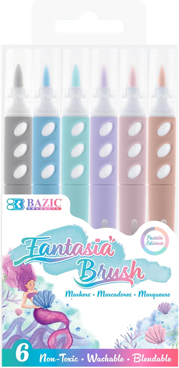BAZIC Products Brush Markers 12 Classic Colors, Fine Line Washable Coloring Marker, Non Toxic Drawing for Art School Supplies (12/Pack), 72-Pack