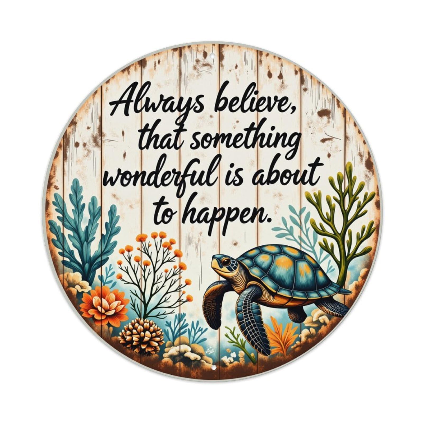 Turtle Coral Flowers Wood Pattern Round Tin Sign Retro Metal Sign for Cafe Bar Pub Home Game Room Gym Club Wall Decoration Vintage Metal Poster 8x8 Inch
