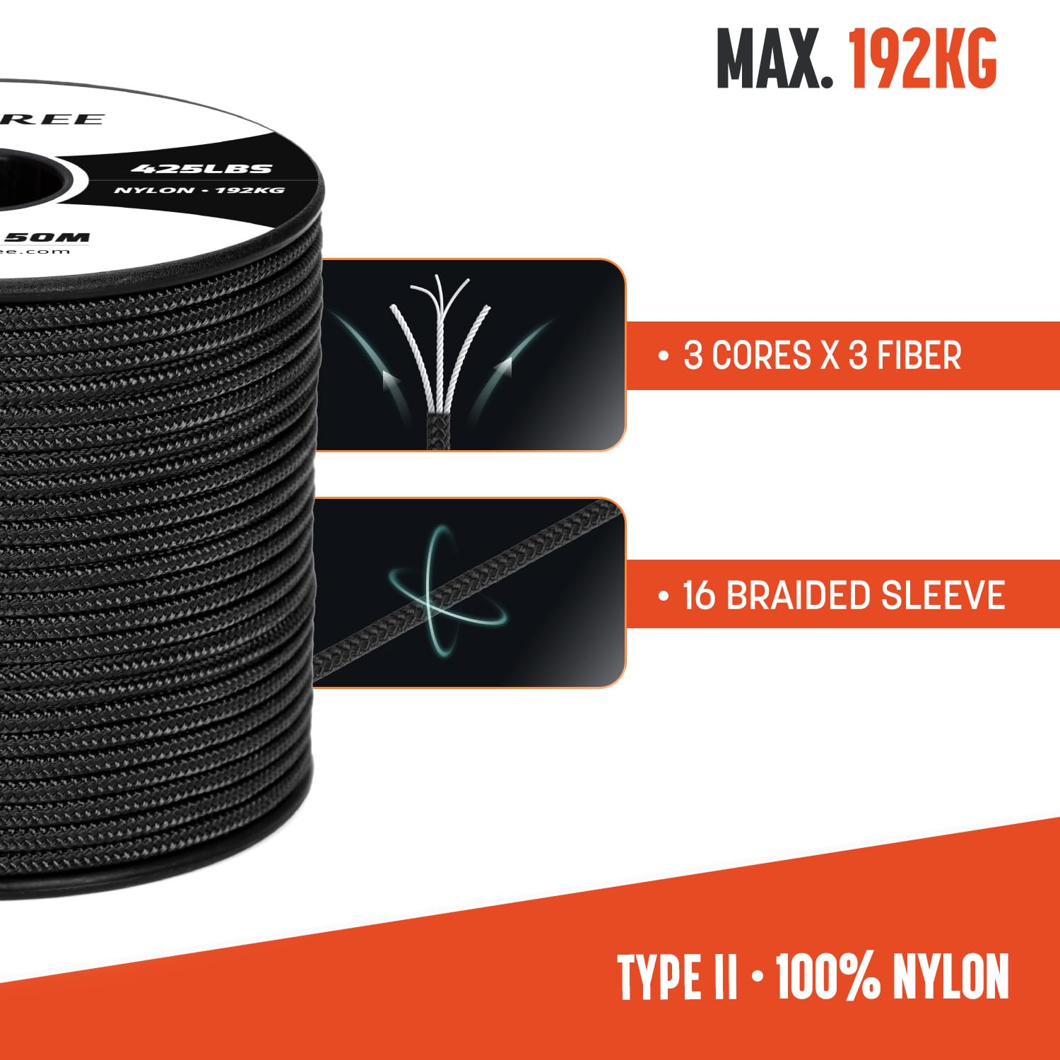 Brotree Paracord 3mm 50M 100% Nylon Seil Schnur Typ II Paracord 425 mit 3 Kern für Survival, Outdoor, Armband, Basteln - Bruchlast 192kg (Schwarz)