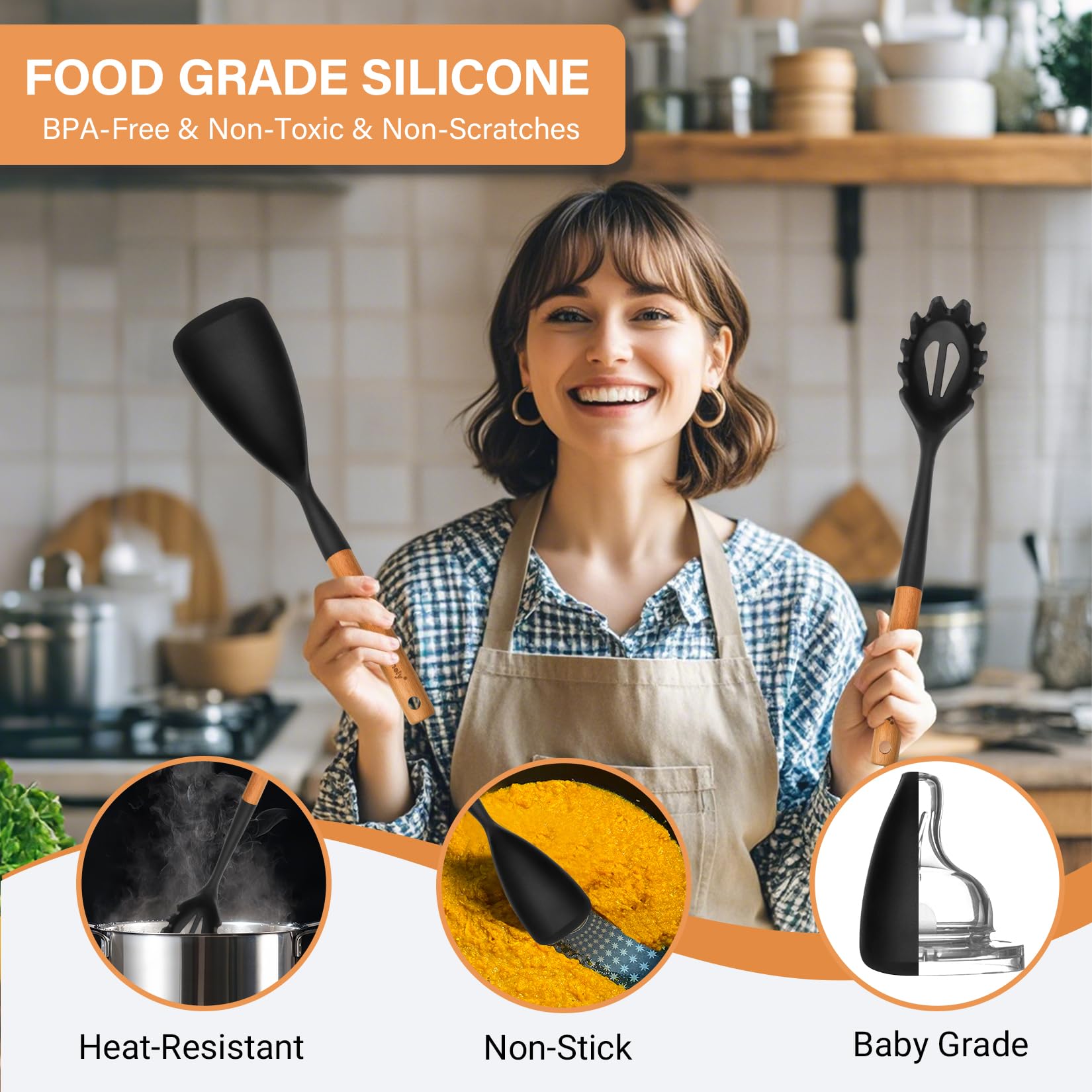 Silikon-Kochlöffel und Pastagabel-Set, 2 Stück, große Spatel, Löffel-Set mit Holzgriff, Antihaft-Multifunktionslöffel zum Kochen, Servieren, Mischen und Spaghetti (schwarz)