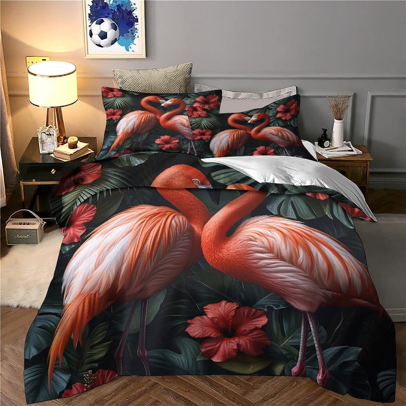 Flamingo-Pärchen Bettwäsche-Set, 3D Druck Kunststil im tropischen Garten, Microfaser 3 Teiliges, Kopfkissenbezug + Bettbezug,für Erwachsene Kinder Super King（260x220cm）