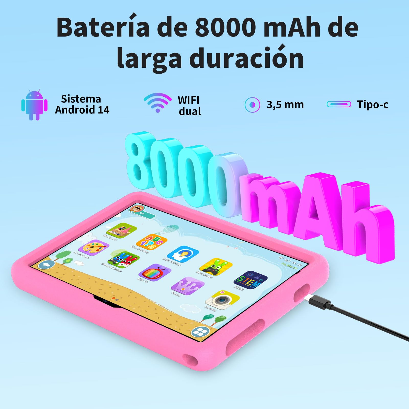 VASOUN Tablet infantil de 10 pulgadas con carcasa, Android 14, 5G WiFi, 128 GB de ROM, cámara dual, 8000 mAh, protección infantil, software infantil preinstalado, educativa (rosa)