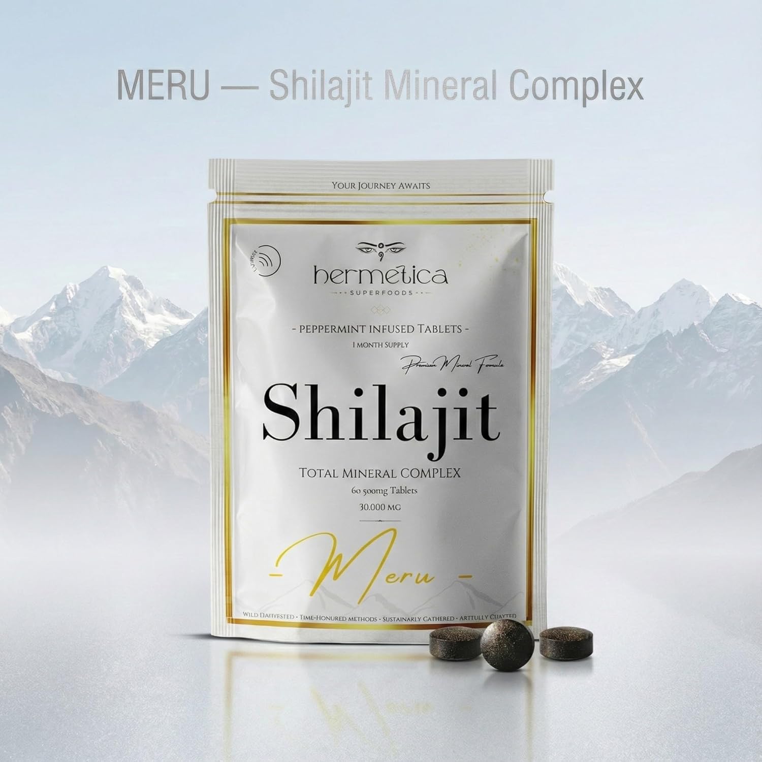 Hermetica Meru 500 mg Shilajit Tablets – Peppermint-Infused Mineral Supplement – 60 Dissolvable Tablets