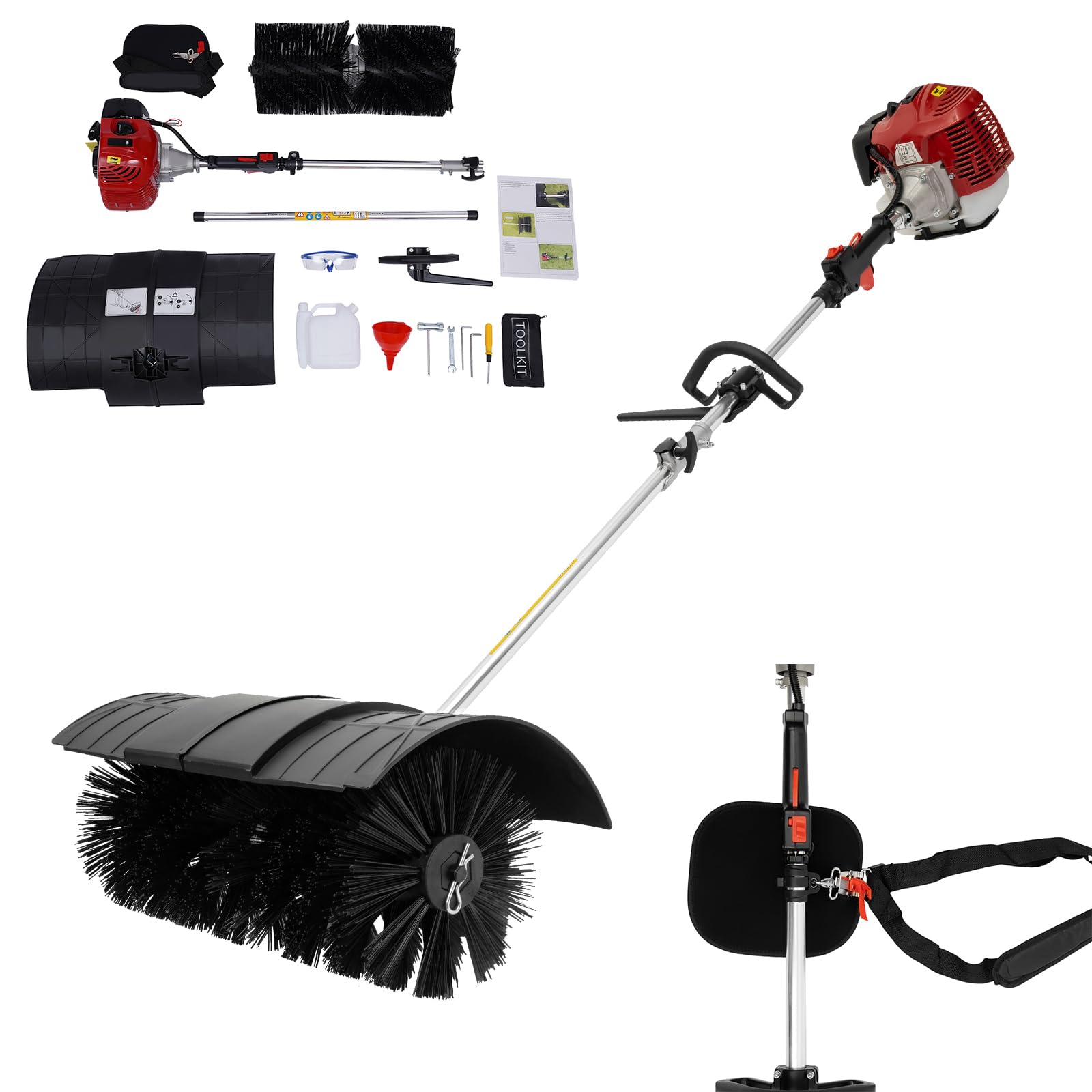 Barredora de 2 tiempos de 52 CC, escoba de motor de gasolina con gafas y correa para el hombro, 51 cm ancho de cepillo 1,25 kW removedor de nieve para césped artificial, adecuado para limpiar césped