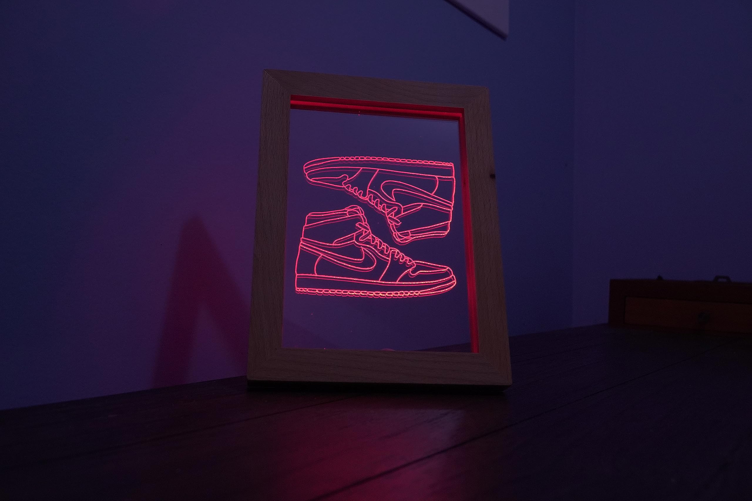 LED Air J1 Shoe Night Light Display 3D Acrylic Wooden Picture Frame Desk Lamp Kicks Cool Illusion Nightlight Gift for Hypebeast or Adult and Children.