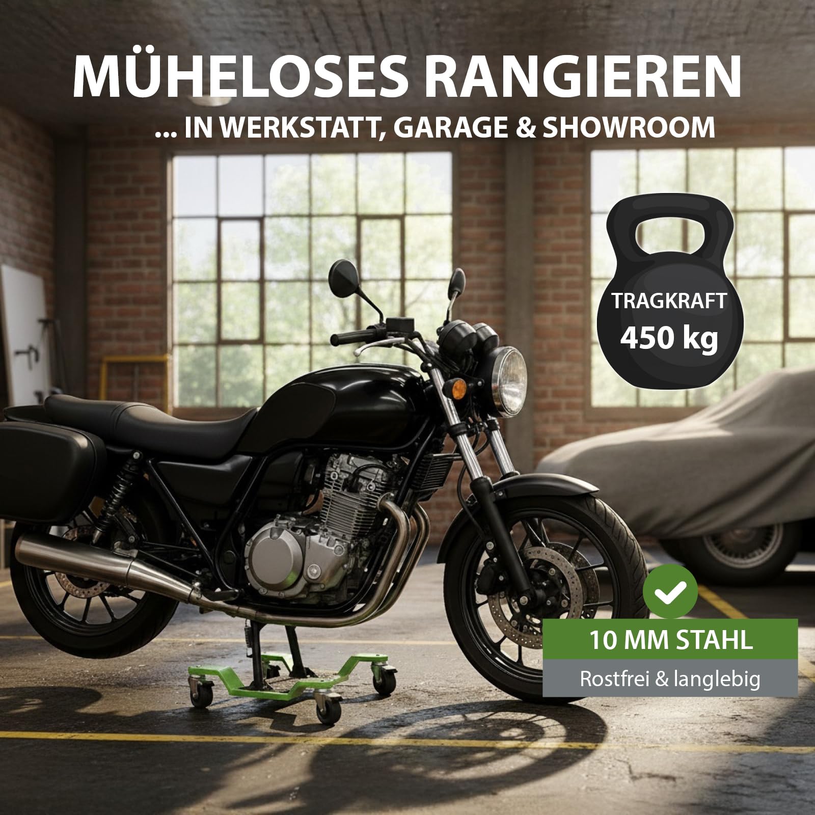 TRUTZHOLM Rangierhilfe für Motorrad mit Hauptständer Tragkraft 450 kg Rangierplatte extra-flach mit 4x Doppenrollen 360° schwenkbar und 4x Feststellbremse Rangierroller 10 mm dicker Stahl in grün